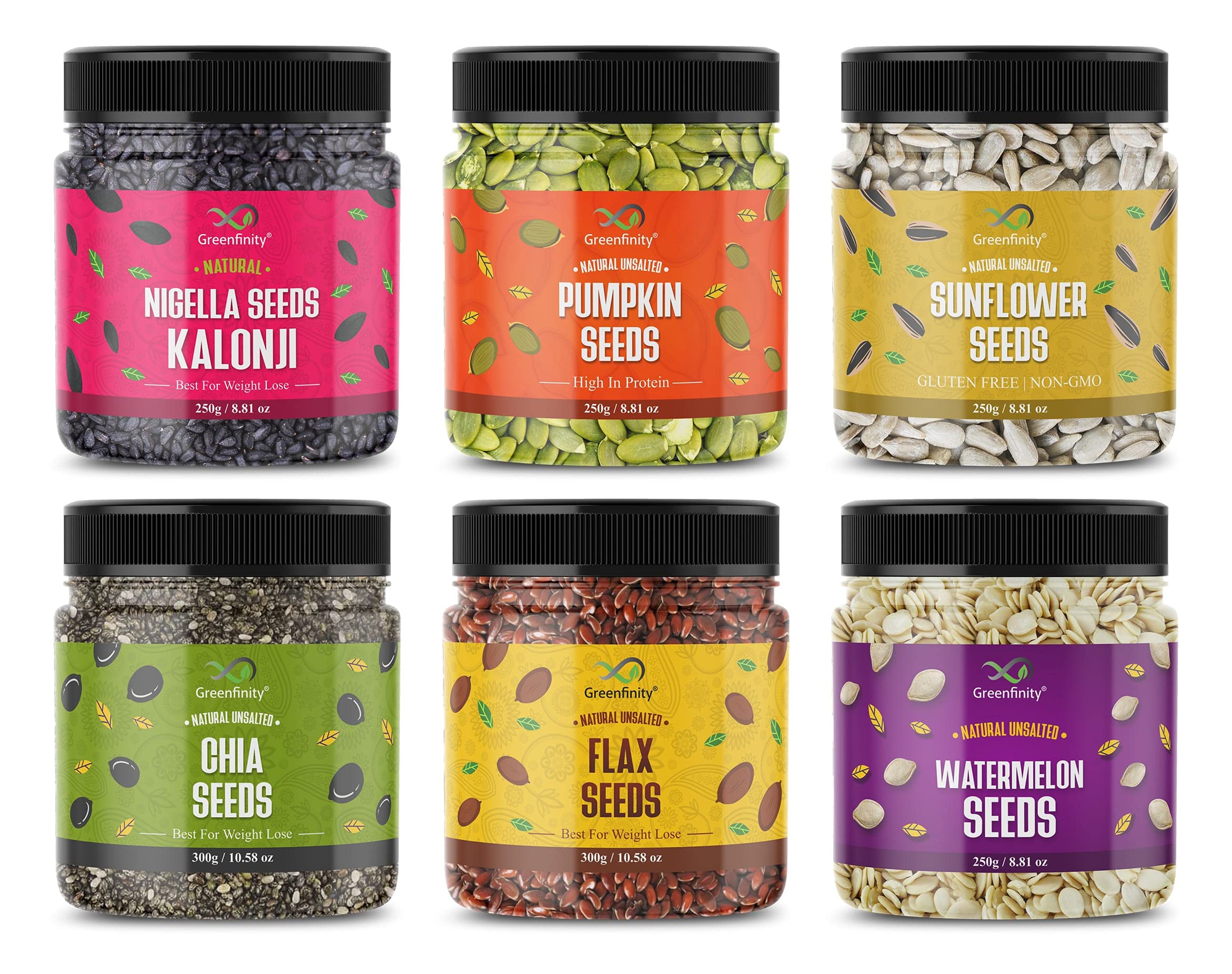 GreenFinity Healthy Seeds Combo - Pack of 6 | Kalonji Seeds, Pumpkin Seeds, Sunflower Seeds, Watermelon Seeds - 250g, Chia Seeds, Flax Seeds - 300g, 1100g.