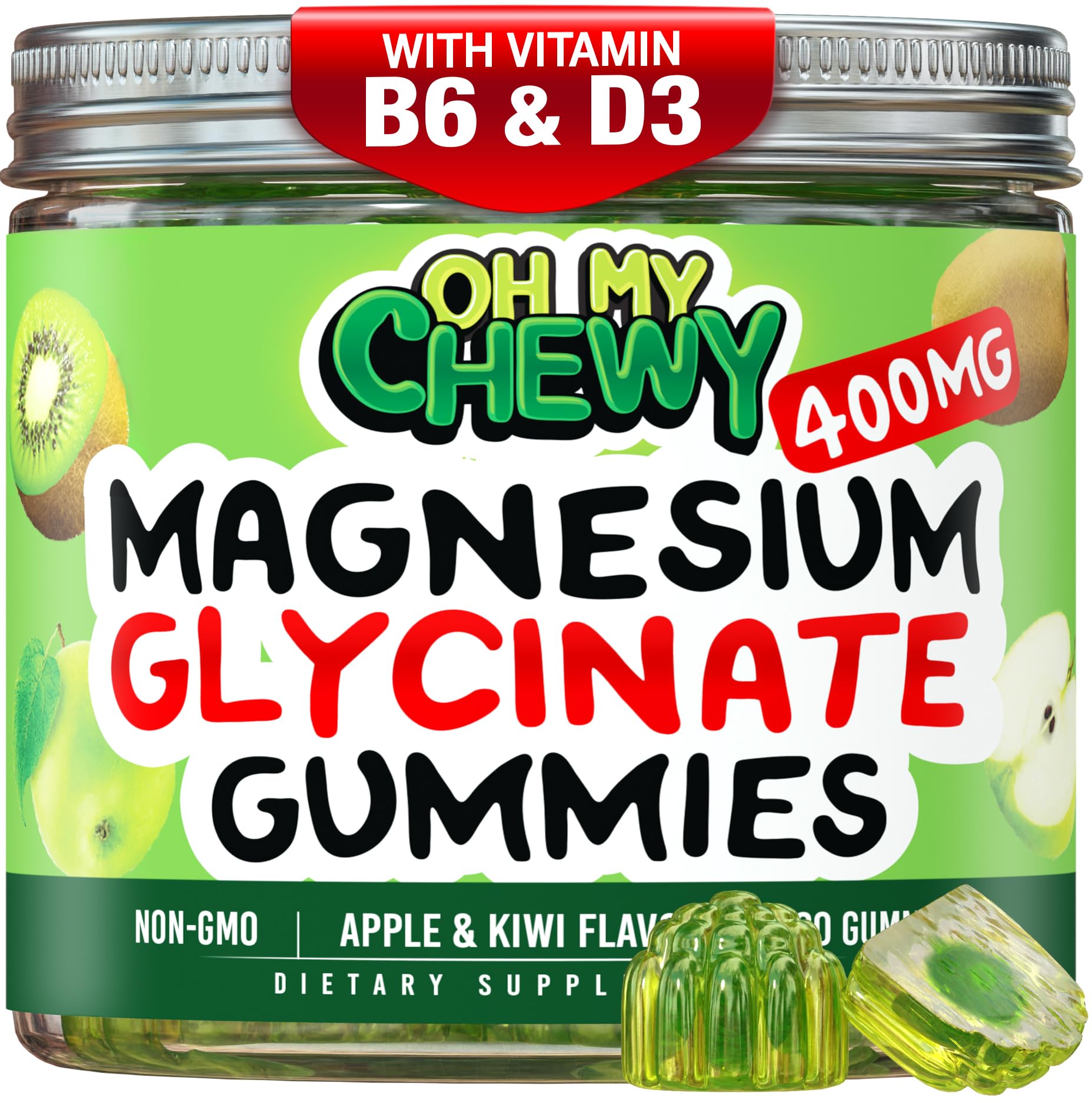 Center-Filled Magnesium Glycinate Gummies 400MG - High Absorption for Kids, Teens & Adults - Supplement for Sleep, Calm & Muscle Relaxation with B6 & D3 - Gluten Free & Vegan Friendly - 60 Count