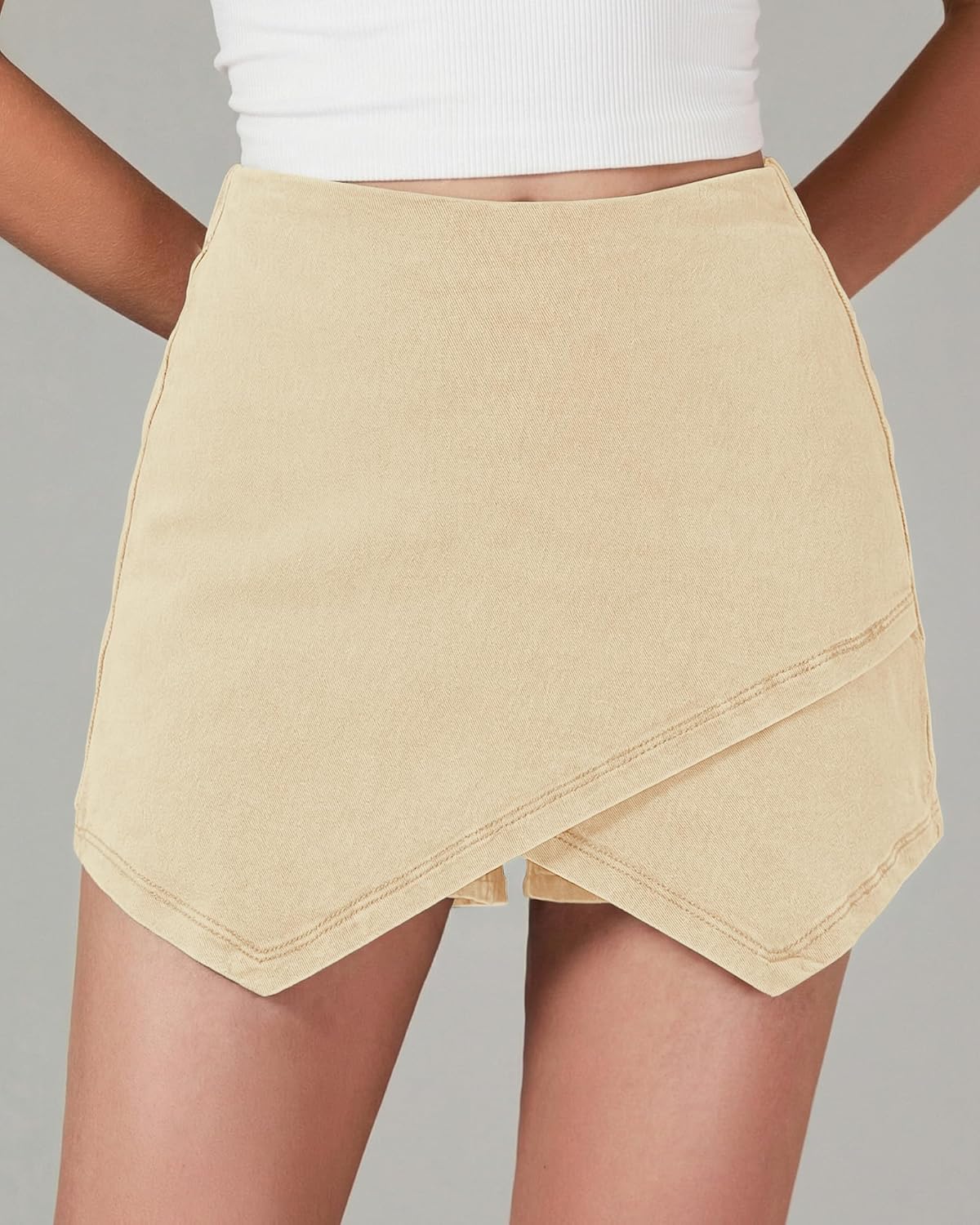 luvamia Jean Skorts for Woman High Waisted Pull On Stretchy Denim Wrap Skirt with Shorts Trendy Asymmetrical Skort - Image 4