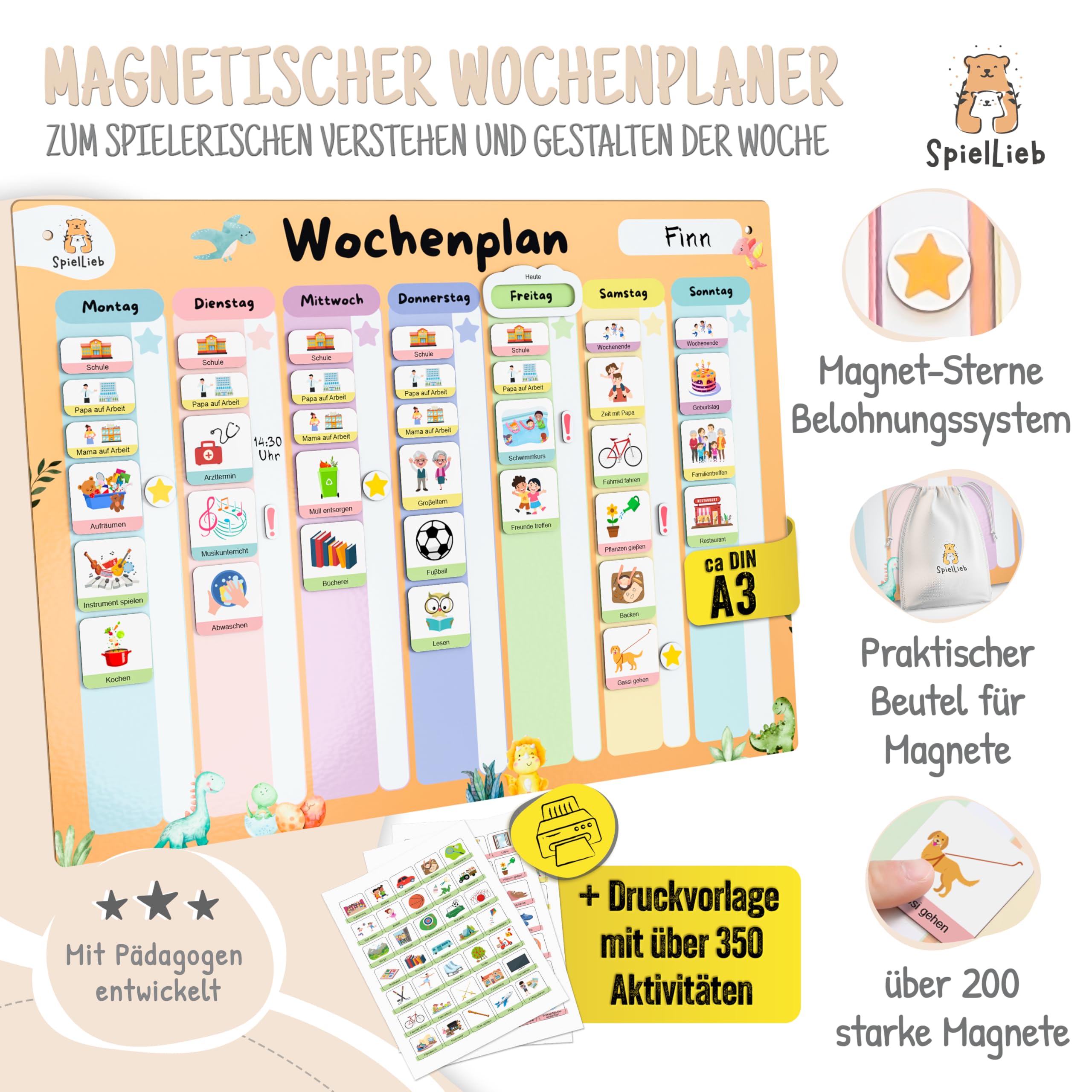 SpielLieb® Montessori Wochenplaner Kinder magnetisch – Magnettafel 216 Magnete, beschreib- & abwischbar – Routine Planer Kinder ideal für Selbstständigkeit & Organisation – Wochenplaner Kinder