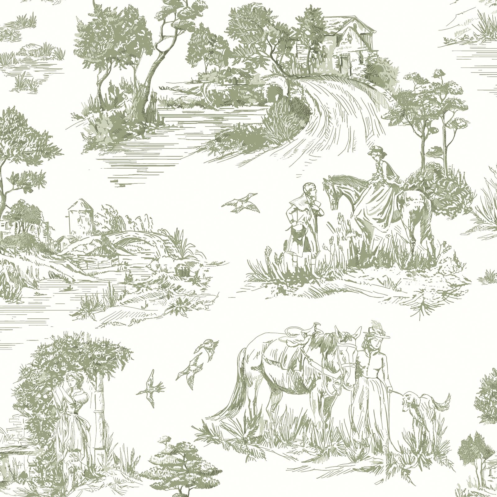 Green Toile Peel and Stick Wallpaper Vintage Contact Paper 16.9inch x 118.1inch French Country Contact Paper Toile Farmhouse Self-Adhesive Removable Wallpaper for Bedroom Decorative Vinyl