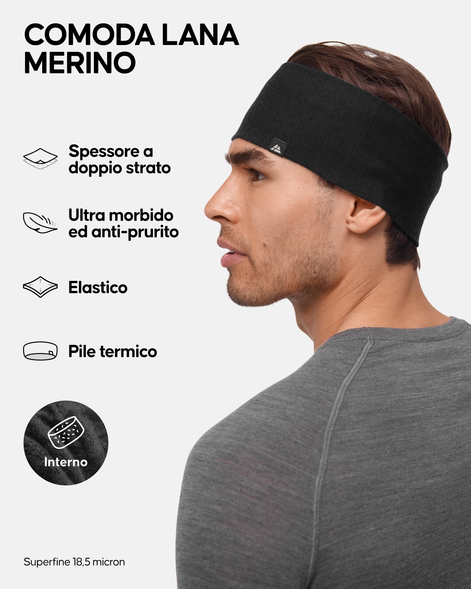 DANISH ENDURANCE Fascia per Capelli in Lana Merino con Fodera in Pile, per Donna e Uomo, Copricapo Funzionale, Unisex, Nero, S/M