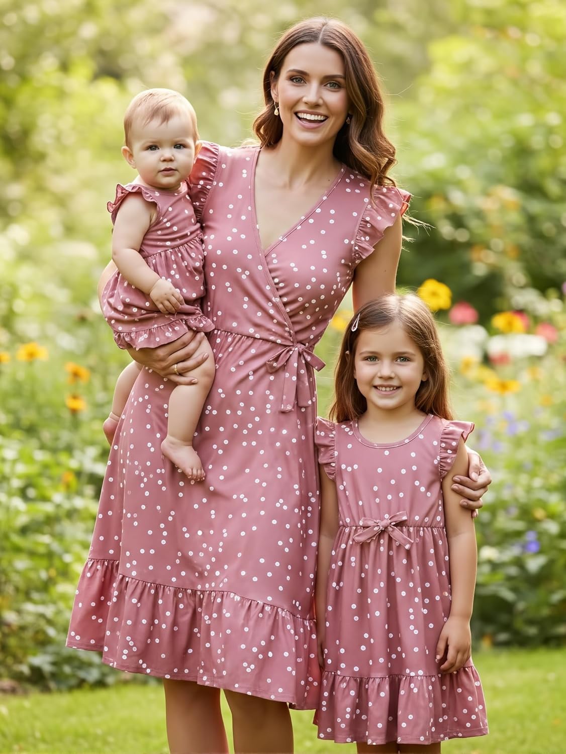 IFFEI Mommy and Me Dresses Outfits Family Matching Dots Pink Ruffle Flutter-Sleeve Dress for Mother and Daughter - Image 3