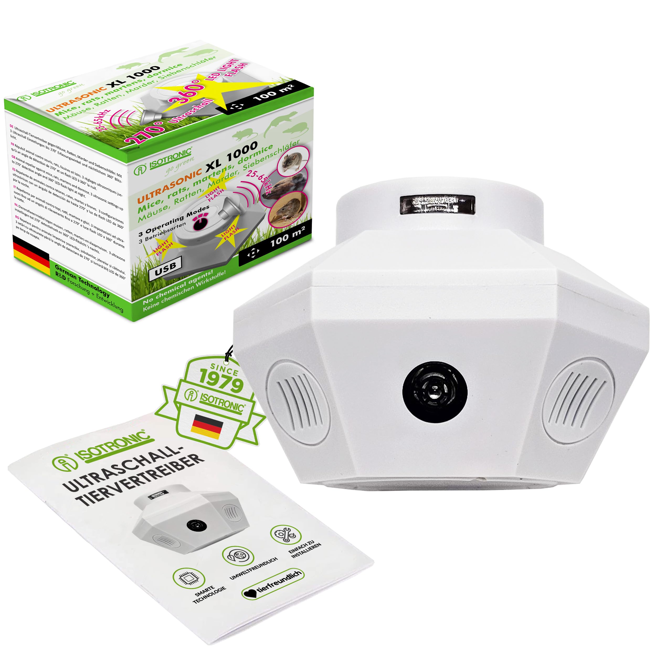 ISOTRONIC® Spaventa martore con spina – per 100 mq | tradizione dal 1979 | Repellente per topi per soffitta, casa, magazzino, garage, garage | Collegamento a una presa | con ultrasuoni e luce LED (1)