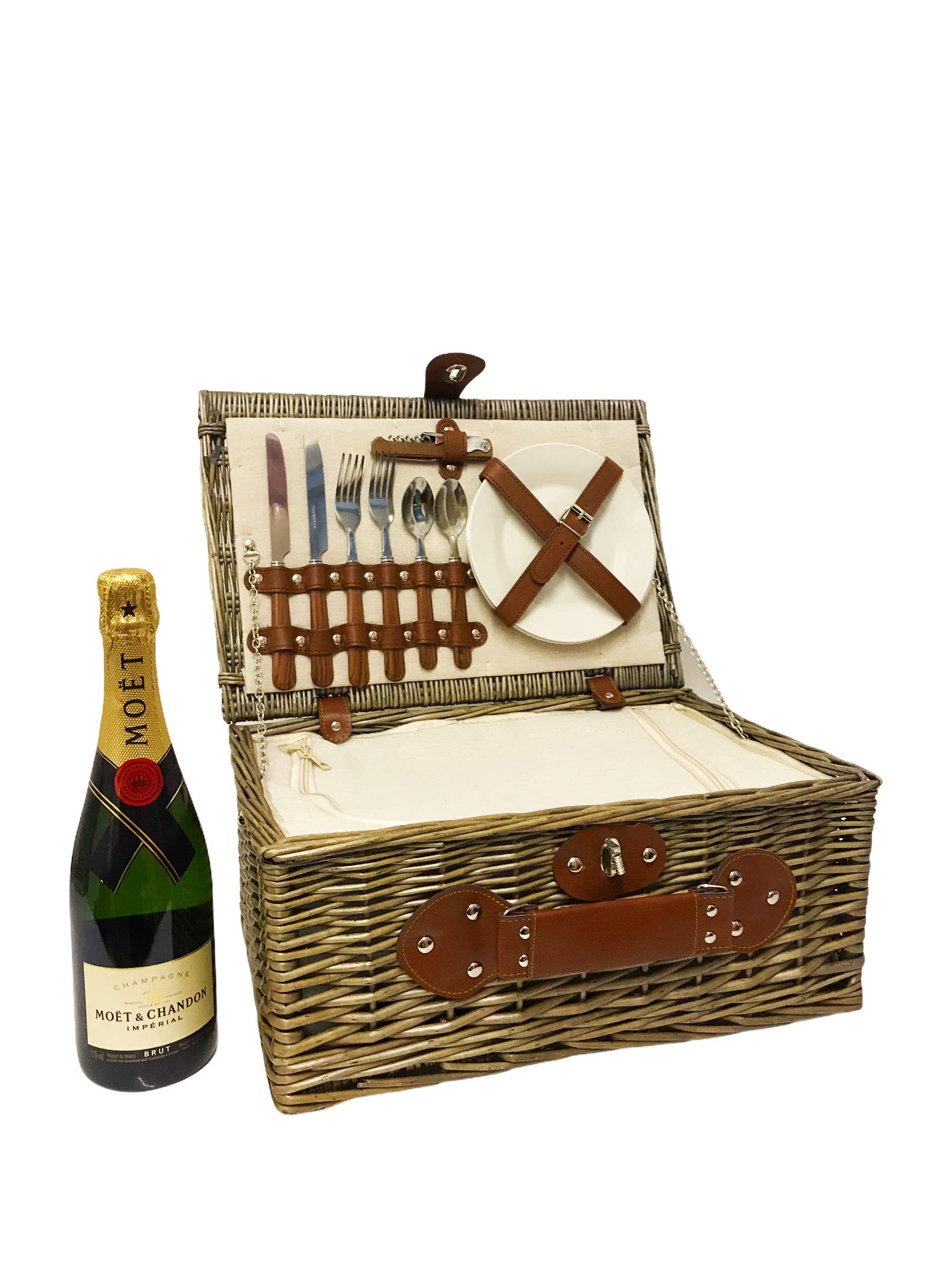 Moet Chandon Champagne 75cl in a Charming 2 Person Wicker Cream Chiller Picnic Basket Set