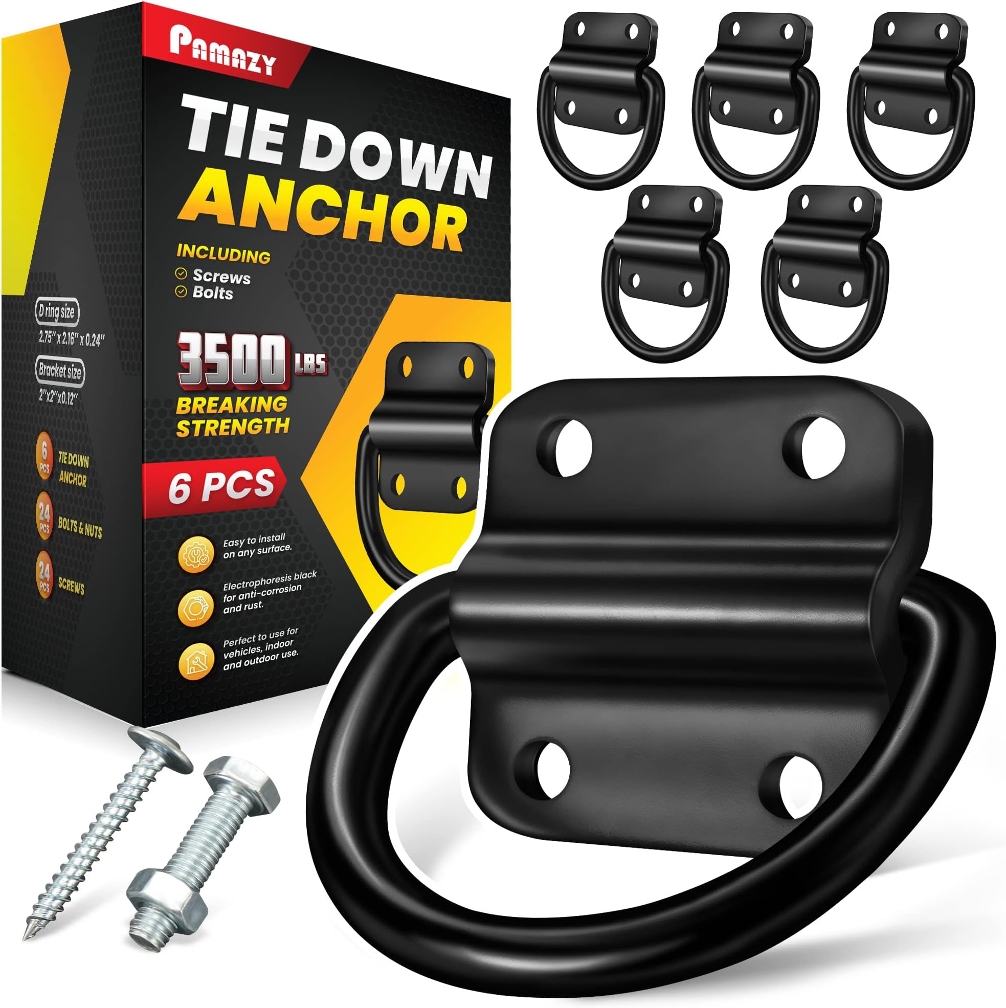 - PAMAZY 6PCS Heavy Duty Steel D Rings Tie Down Anchors, Ultra Durable 3500 Pound Breaking Strength Surface Mount Hooks Securing Cargo for Trailer, Truck Bed, with Screws & Bolts