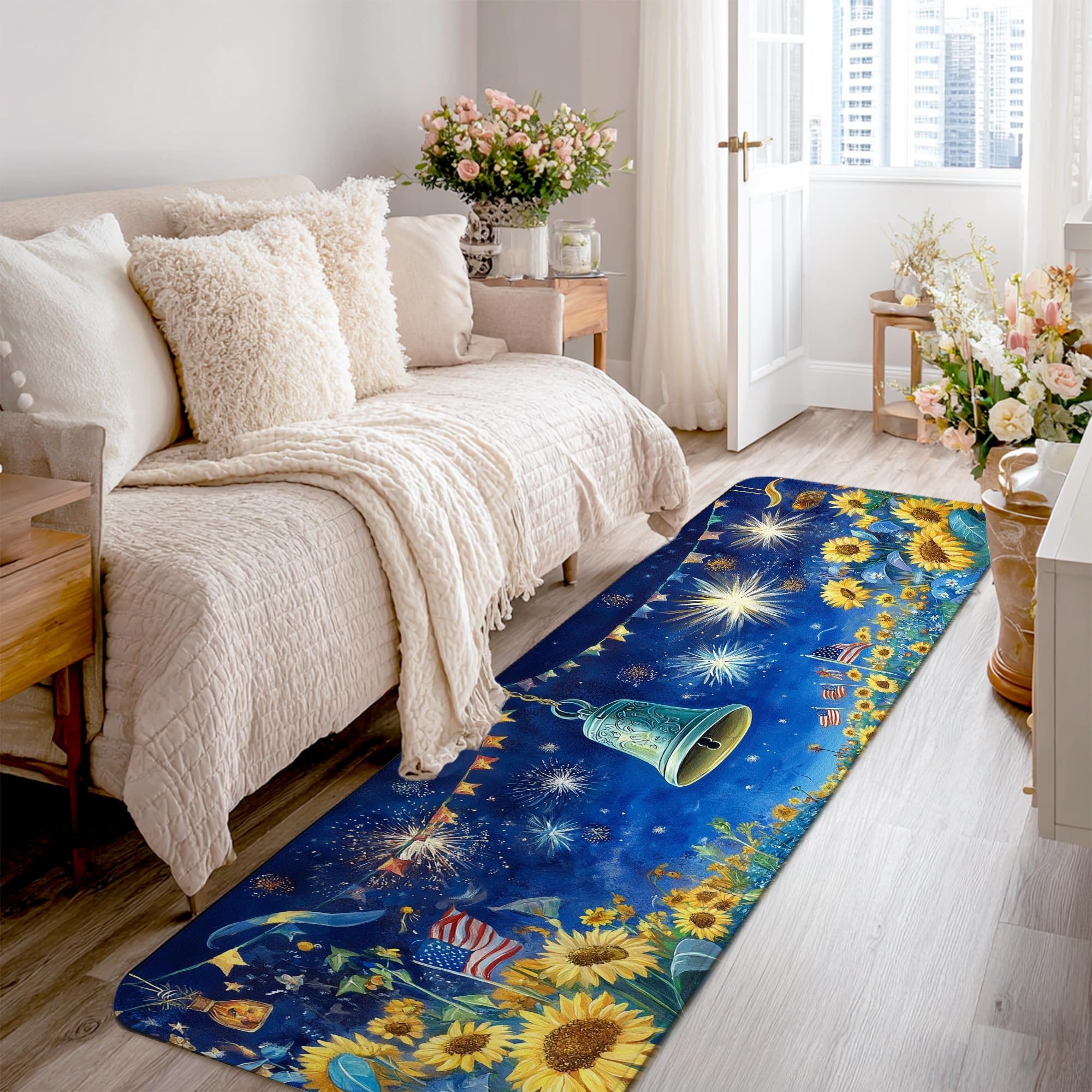 Tapis de couloir bleu tournesol et feux d'artifice d'été rectangulaire antidérapant