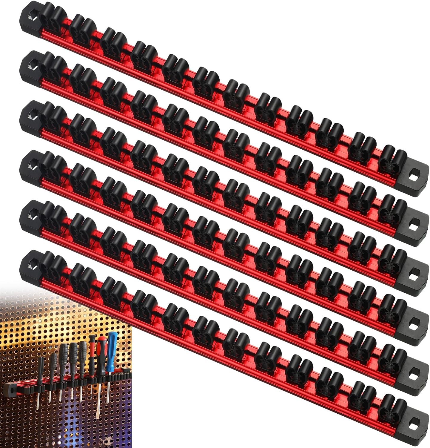 6 Packs 72 Slots Magnetic Screwdriver Organizer and Wrench Holder Screw Driver Organizer Aluminum Rail Hand Tool Holder for Toolbox Organization, Black, 12 Inch(6 Packs,12 Inch 72 Slots)