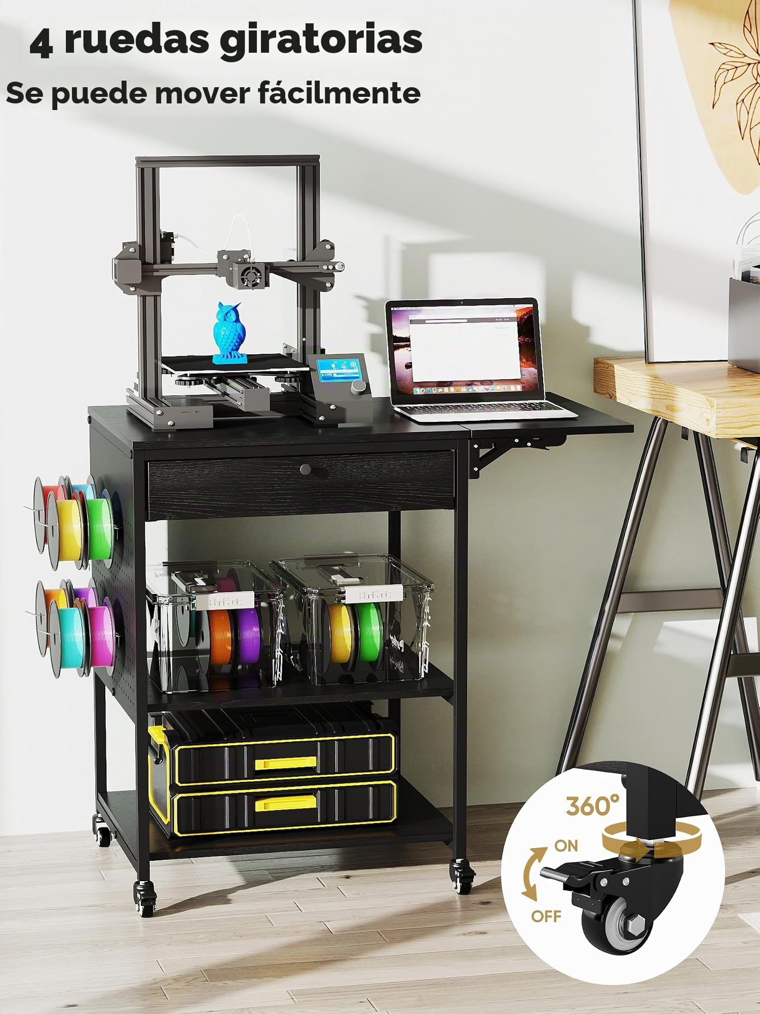 Mesa de impresora 3D móvil de 3 niveles con estante de almacenamiento y cajón, organizador de escritorio multiusos, carrito de impresora rodante para oficina y hogar (90 cm x 50 cm x 80 cm)