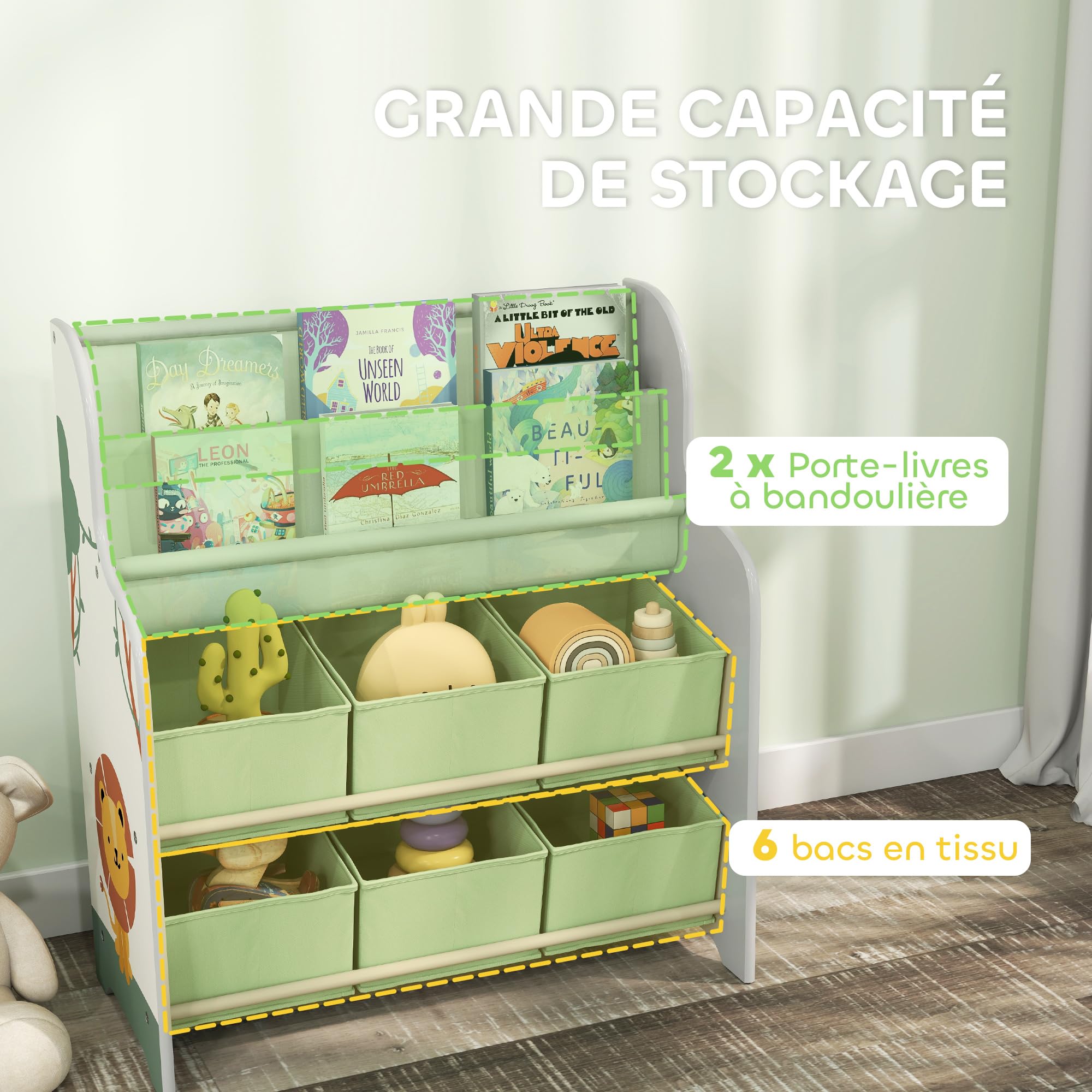 AIYAPLAY Meuble Rangement Enfant, Rangement Jouet Enfant, 6 tiroirs en Tissu et étagère à Deux Niveaux, bibliothèque pour Chambre ou Salle de Jeux, 63x30x71cm, Vert