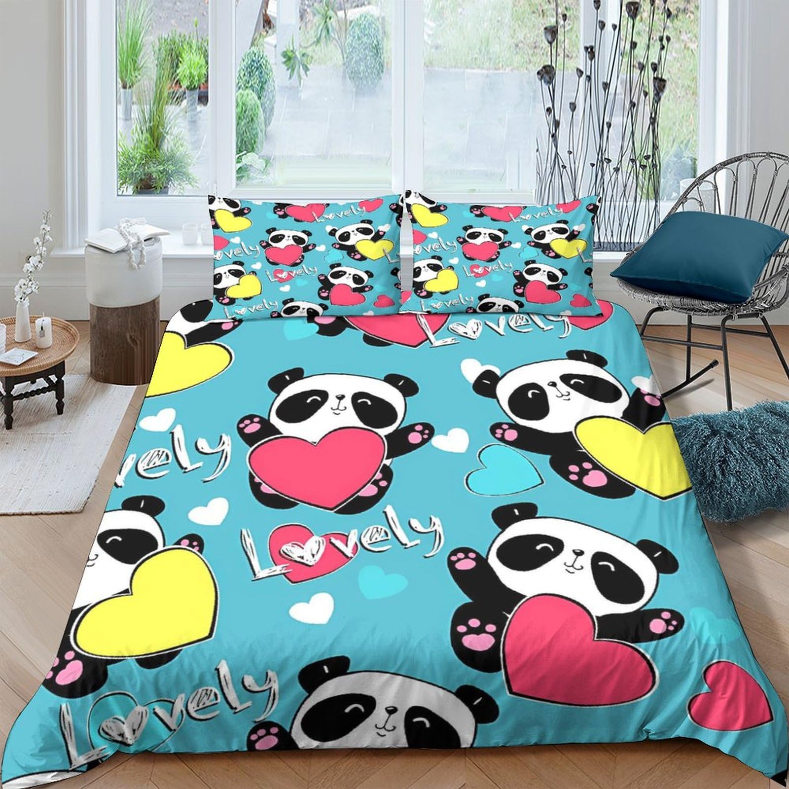 Housse de couette panda imprimé cœurs pour transformer la chambre des enfants et des adultes