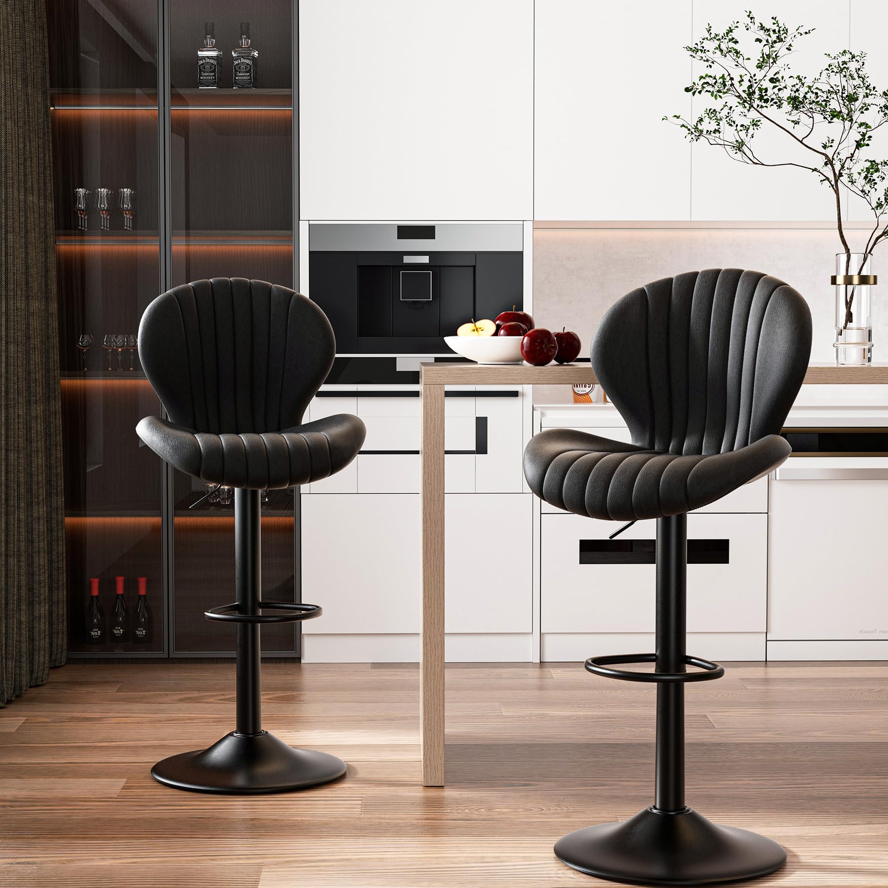 Hawthyhome Bar Stools Set of 2 |Breakfast Bar stools •Backrest Kitchen Barstools •Wooden bar Chair fabrics •Modern Adjustable Swivel Gas Lift • Black