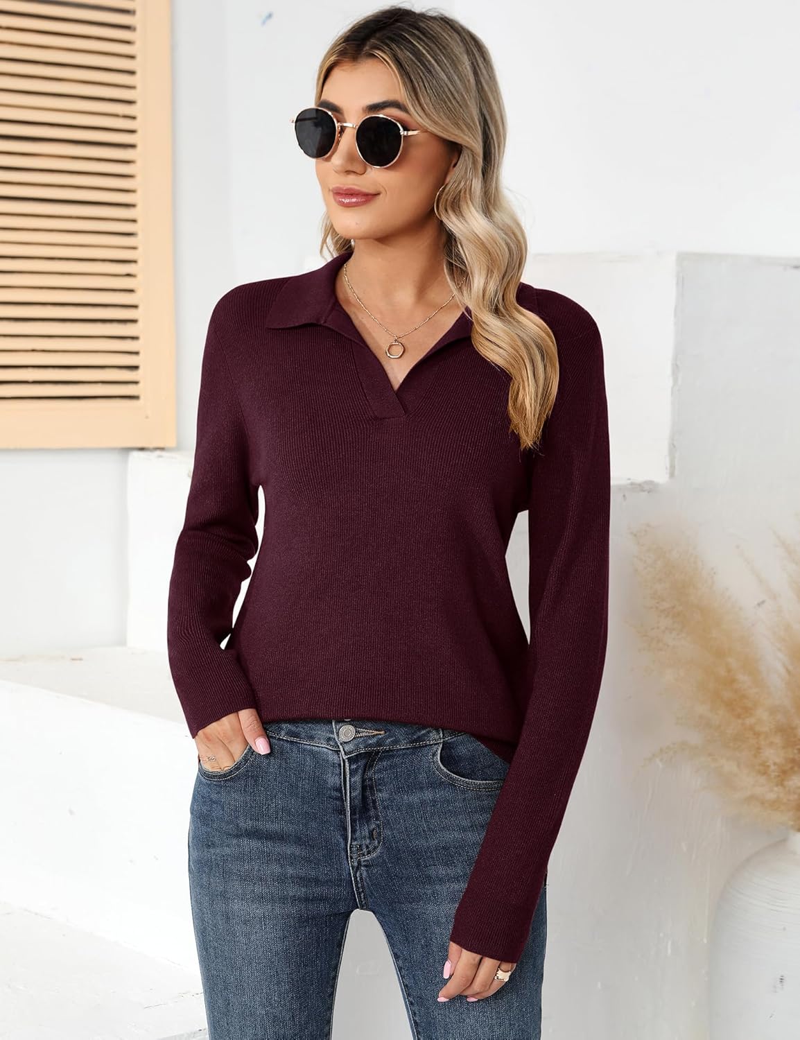 Romanstii Women's Knitted Collared Sweaters Long Sleeve V-Neck Polo Shirts Winter Pullover Tops - Image 6