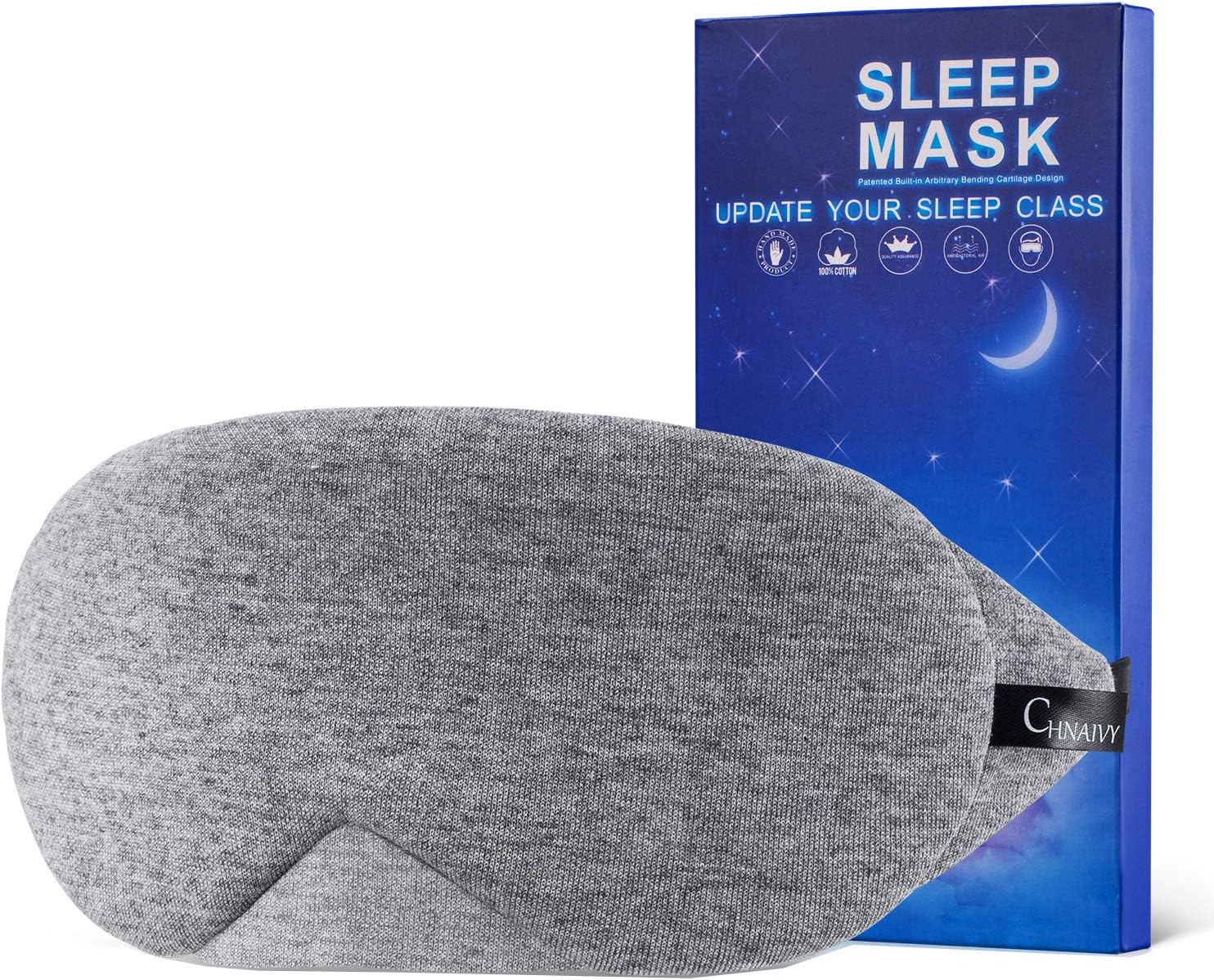 Chnaivy Cotton Sleep Eye Mask Light Blocking Super Soft,Skin-Friendly Pure Natural Cotton Fabric Filled Sleeping Eye Mask for Travel&Sleeping&Shift Work,Men&Women with Adjustable Strap & Travel Pouch
