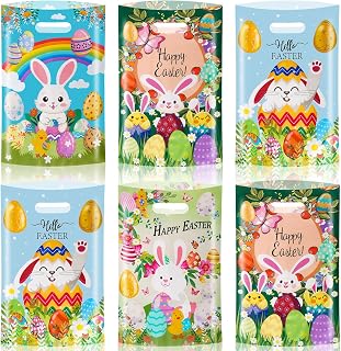 Konsait 50 Pcs Happy Easter Bags with Handles Double sided Plastic Party Favor Bags for Event Home School Office Party Favors，4 Styles