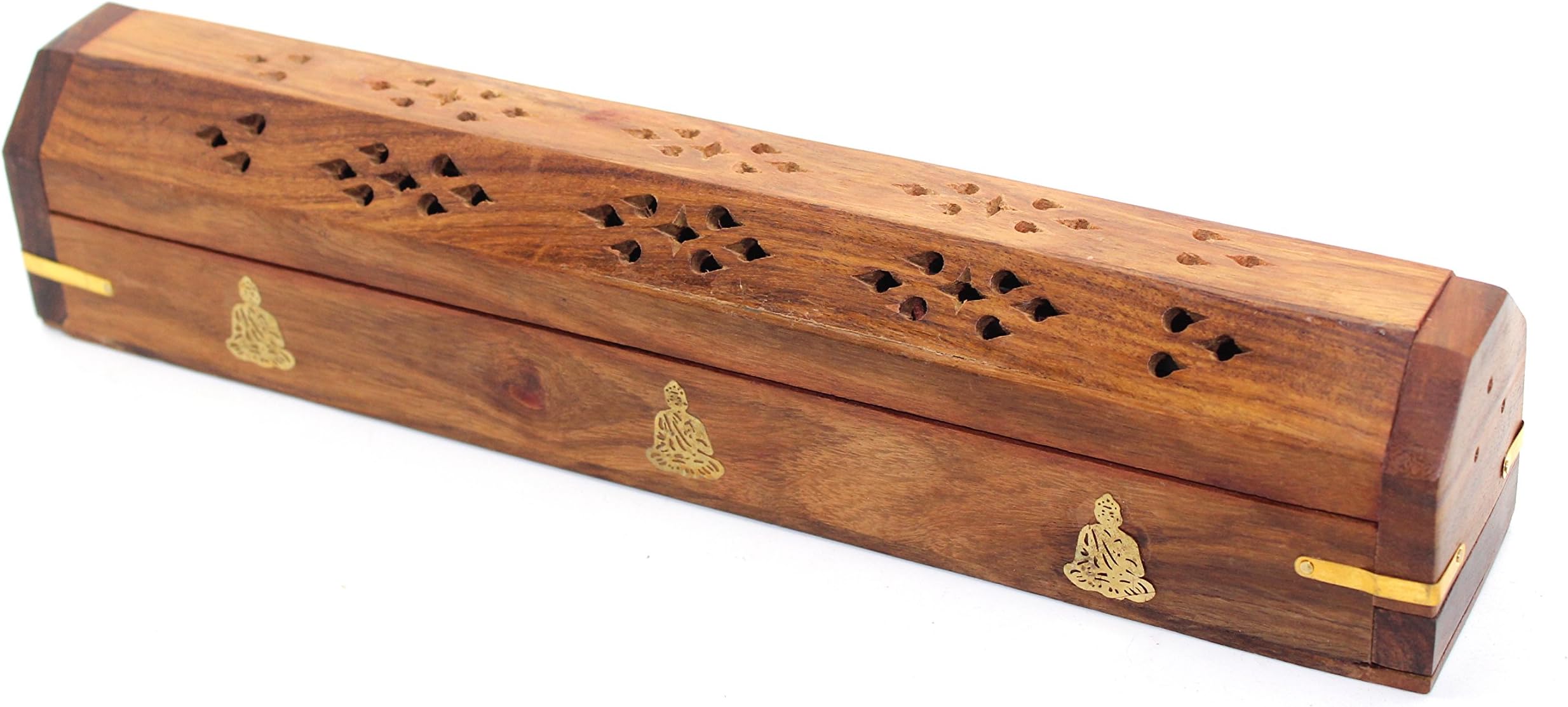 Wooden Coffin Incense Burner - 12" Buddha - Brass Inlays - Storage Compartment