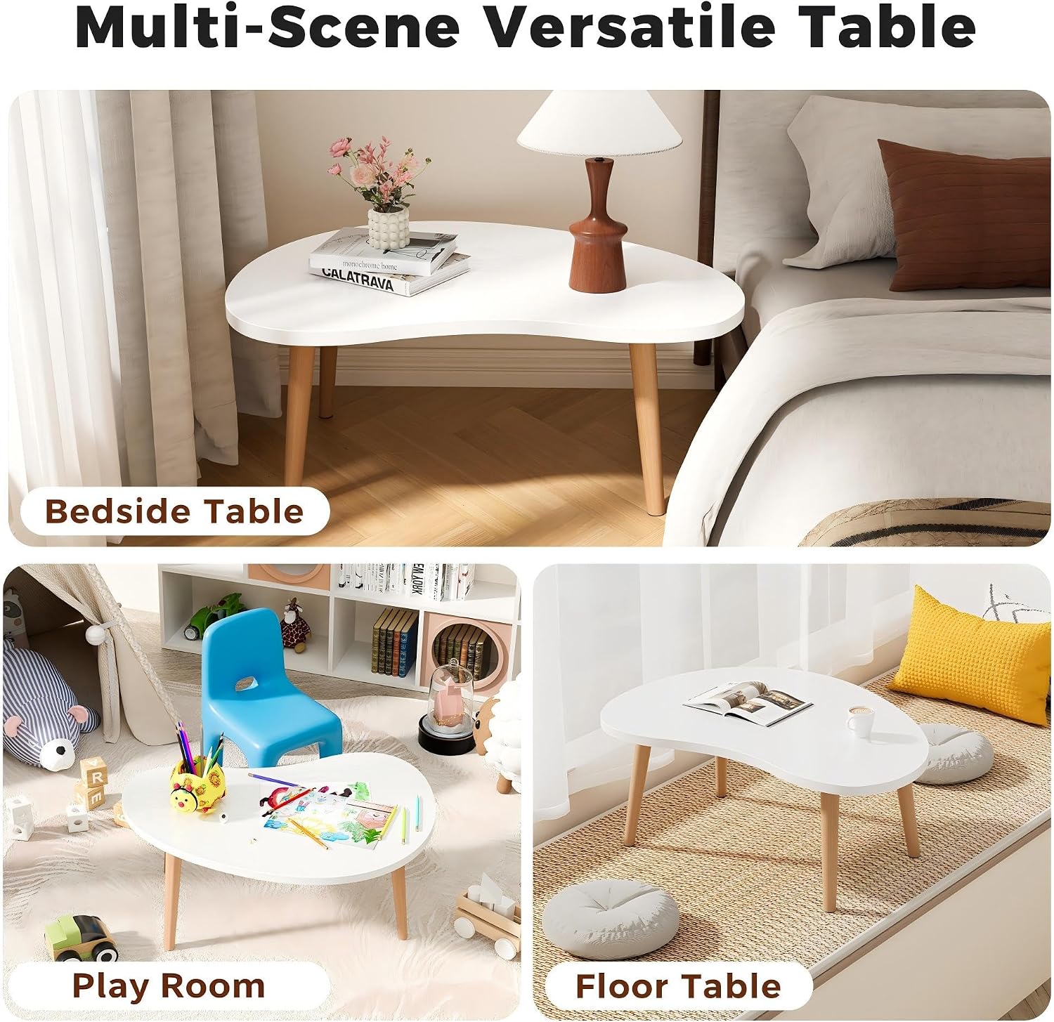 FAMIDGE Low Coffee Table, Oval Japanese Floor Table with Solid Wood Legs, 23.6" L Tatami Tea Table, Tool-Free Assembly Floor Desk for Living Room Apartment Bedroom, White image 5
