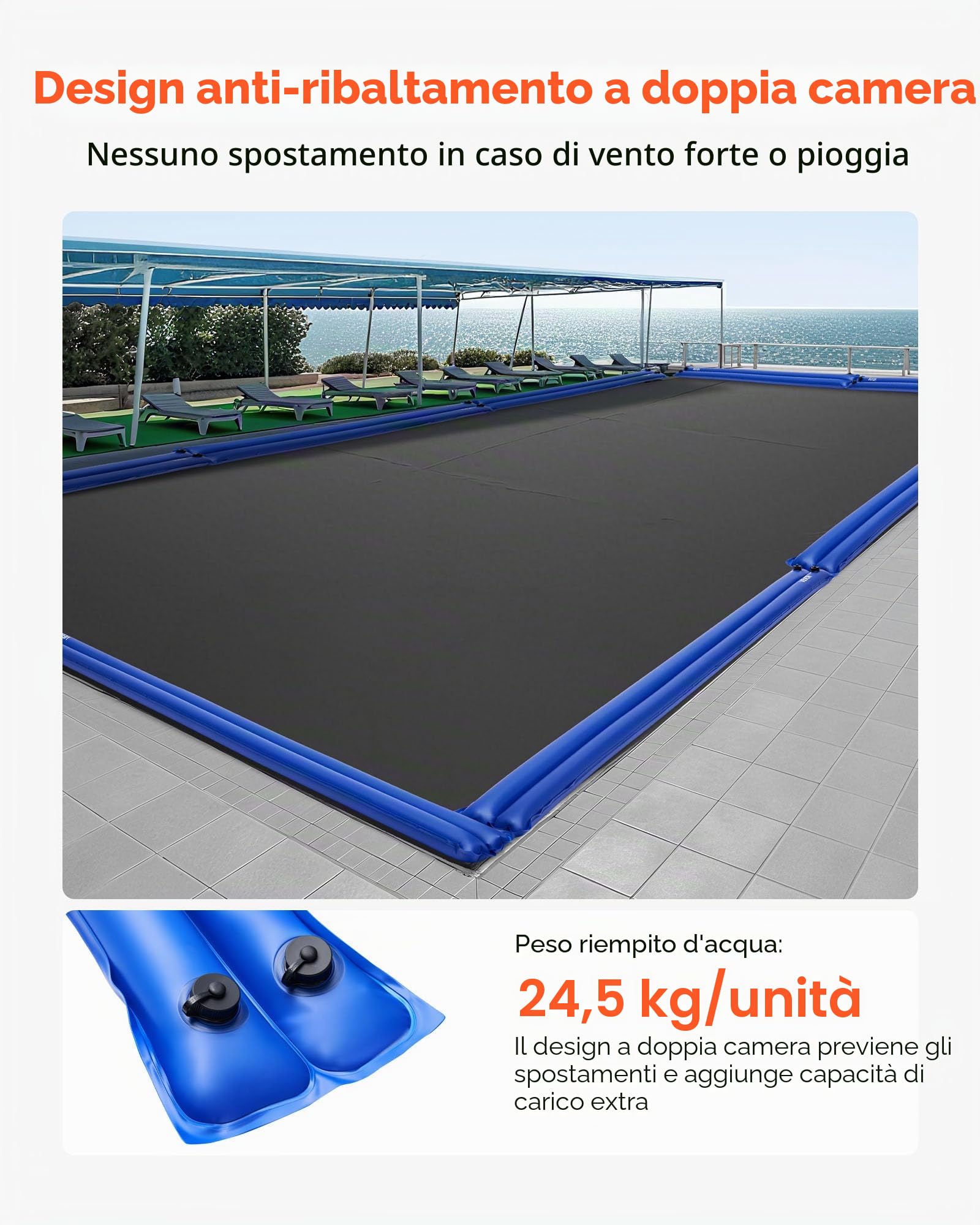 VEVOR Sacca di Zavorra per Telo Copertura Piscina, Confezione da 12 pezzi, 3000 x 300 mm, Tubolari in PVC per Protezione Copertura Invernale per Piscina Interrata, Camera Doppia, Blu