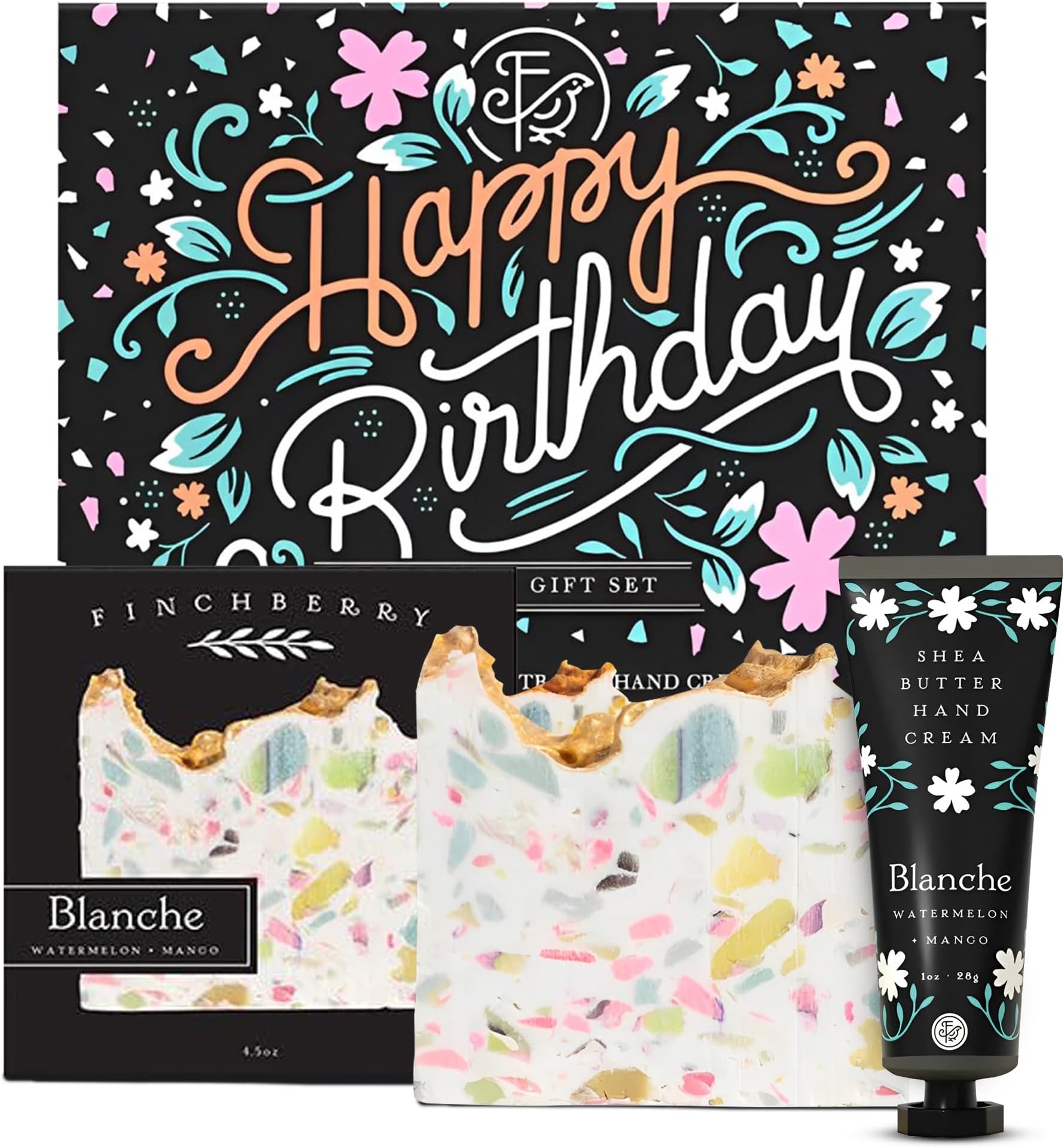 FinchBerryHappy Birthday 2 Piece Gift Set - Unique Birthday Gifts for Women: Mom, Sister, Wife, Girlfriend, Daughter, Friends & Family- Includes Blanche Bar Soap (4.5 oz) & Travel Hand Cream (1 oz)