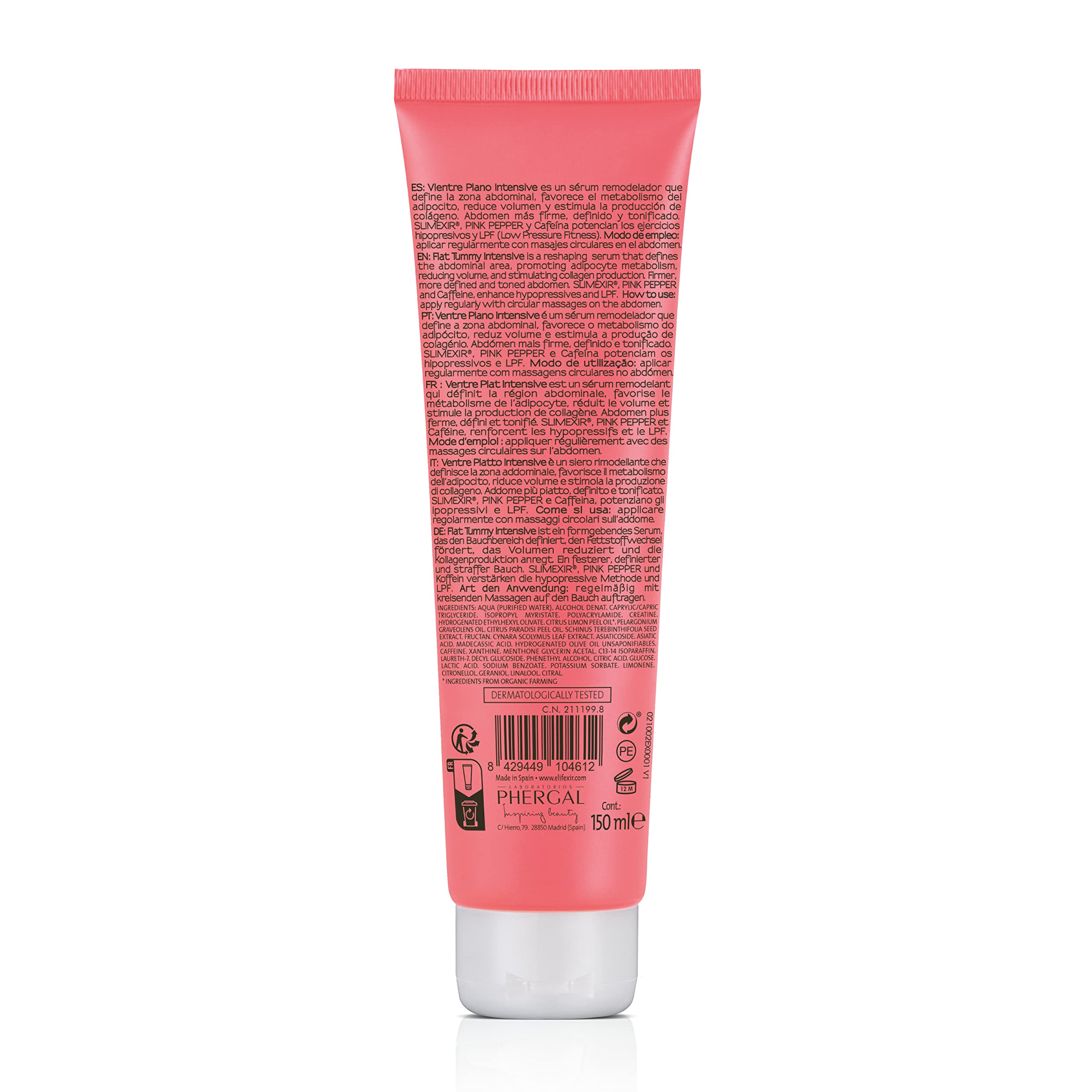 E'LIFEXIR - Sérum Vientre Plano Intensive - Définit le Volume, Draine et Tonifie l'Abdomen - Crème Raffermissante - Contient SLIMEXIR, POIVRE ROSE et Caféine - Pour Hommes et Femmes - 150ml (Lot de 2)