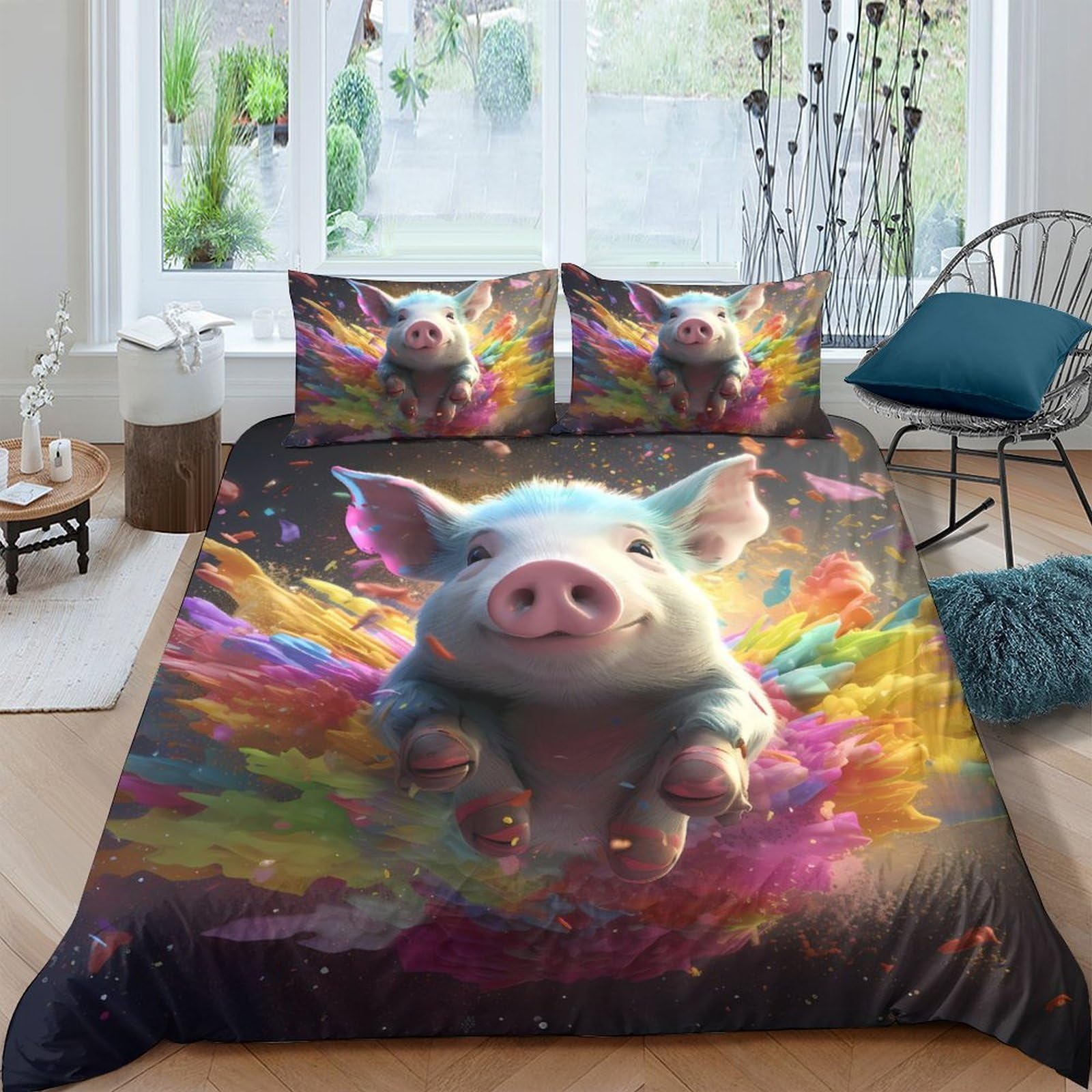 Ctjqhvkz Style-5 3D Printed Colorful Pig Art Fitted Sheet Microfiber Soft Breathable Rainbow Splash Bed Cover For Bedroom Dorm Decor Single（135X200cm）
