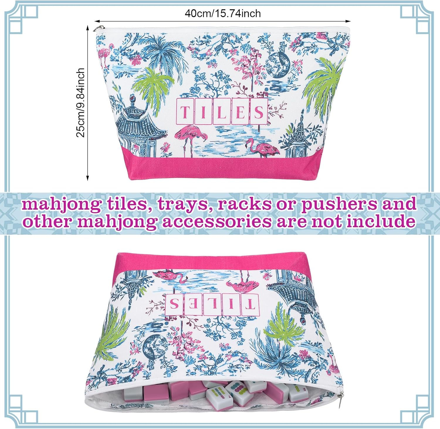 Empty Mahjong Bags Set for Tiles and Racks 24x13 Inch American Mahjong Carrying Bag Tote Tiles Bag Drawstring Protective Sleeve for Rack Pusher Party Travel, Case Only (Chinoiserie Pagoda)