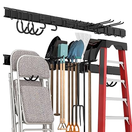 Sttoraboks Garage Tool Storage Rack, Heavy Duty Garage Storage Organizer Rack System Wall Mounted Tool with 12 double hooks, 4 rails Garden Tool Rack