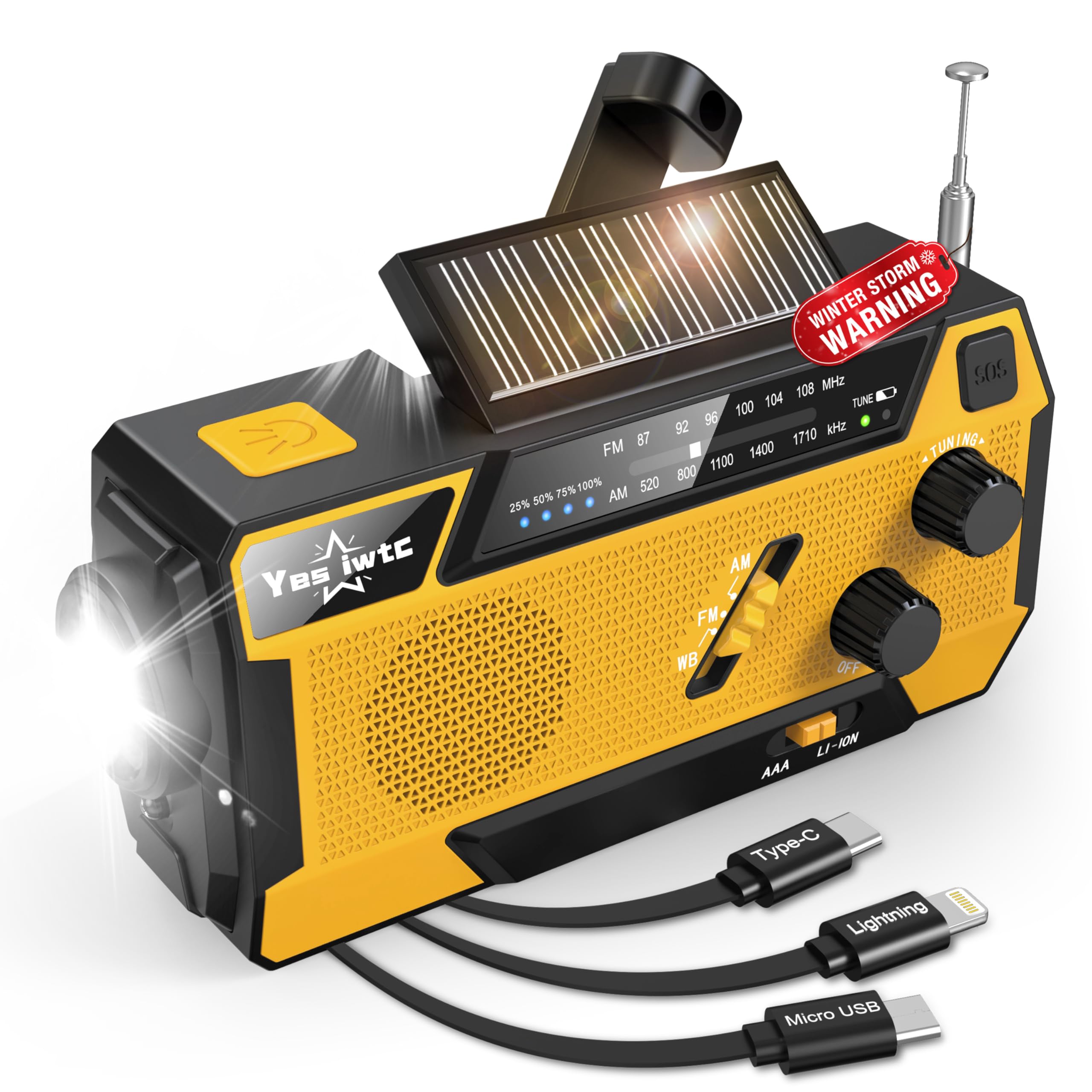 Hand Crank Emergency Radio 7400mWh (2000mAh) Solar Hand Crank Radio Built in 3 Charging Cables AM/FM/NOAA Weather Radio Battery Operated Hand Crank Charger for Emergency Supplies Survival Gear