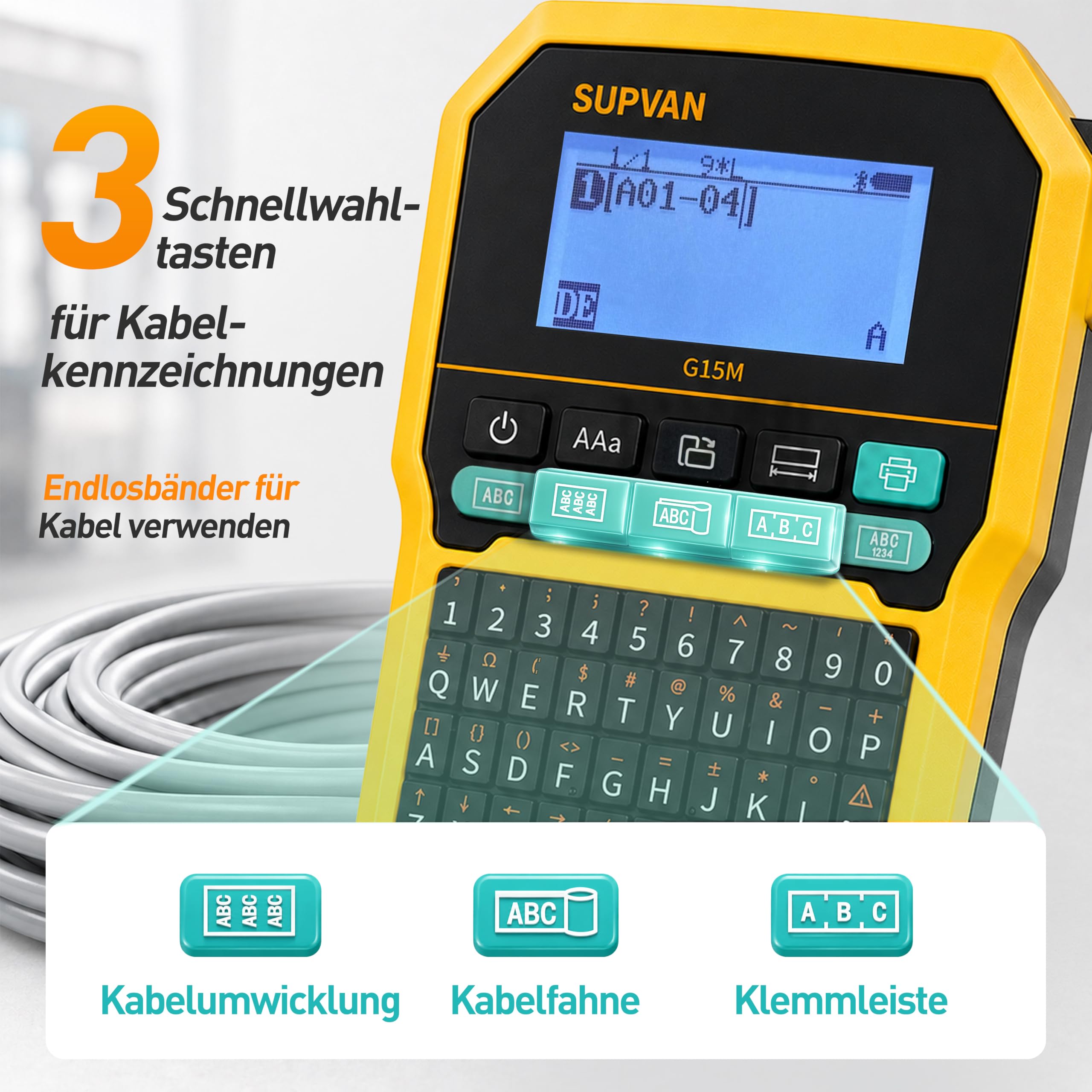 SUPVAN G15M Beschriftungsgerät mit 4 Rollen, für Kabel und Geräte | Thermotransferdruck, Schrumpfschläuche und Endlosetiketten, Bluetooth Verbindung, App und Tastatur, 5 mm Rand, aufladbar