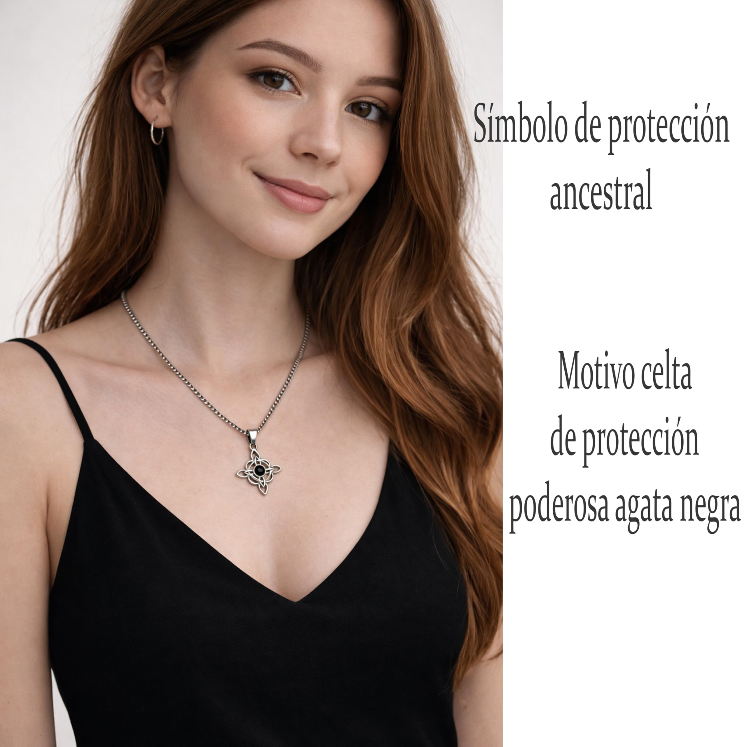 Ekonat-Nudo de bruja con ágata negra- amuletos de la suerte y proteccion- colgantes nudo de bruja - amuleto protector- tamaño 30 mm cadena acero 55 cm