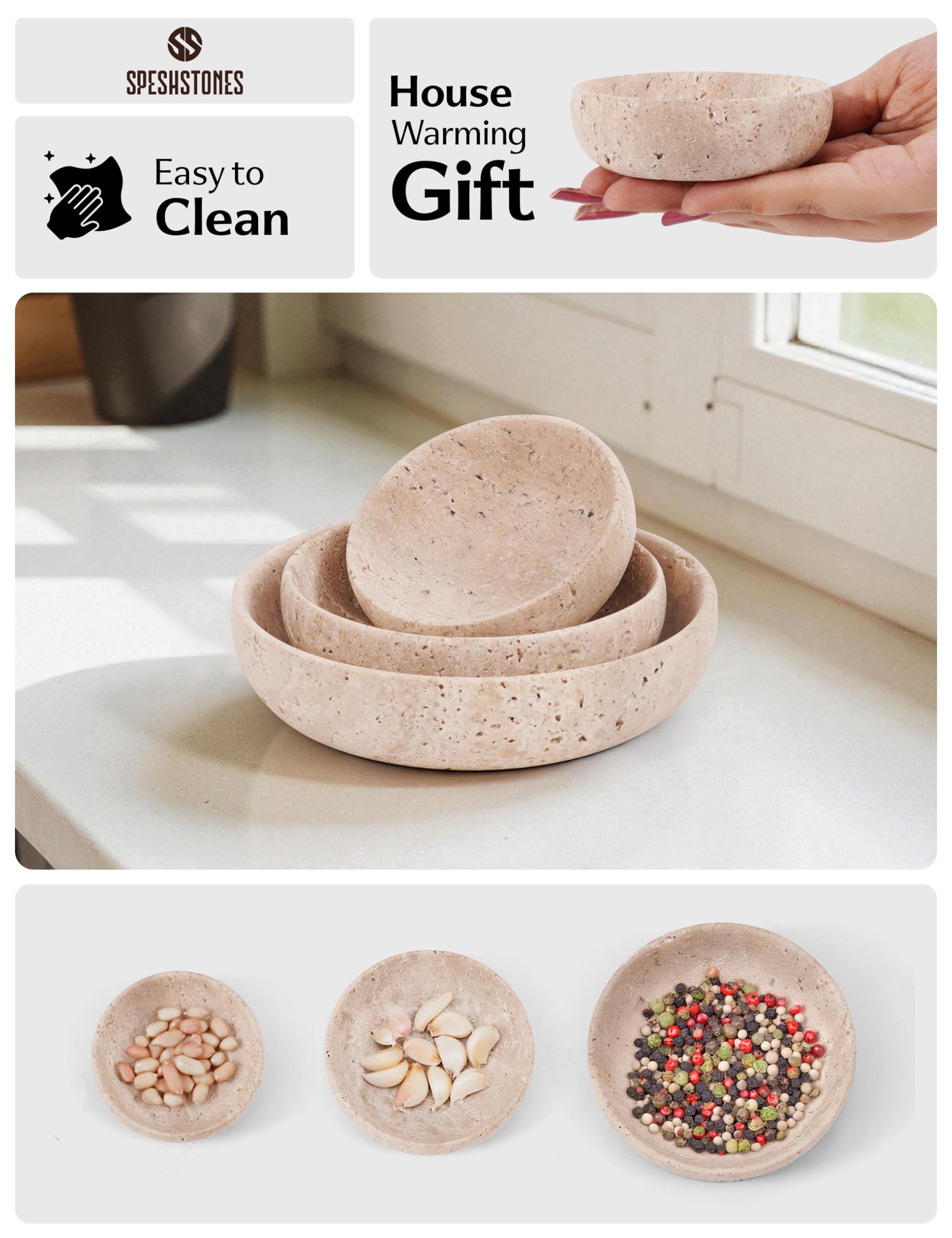 SPESHSTONES Set di 3 Ciotole in Marmo Fatte a Mano in Travertino & Set di Piatti per Cucina e Sala da Pranzo - Piccoli Piatti da Portata, Ciotola Mini, Ciotola per Salsa in Marmo