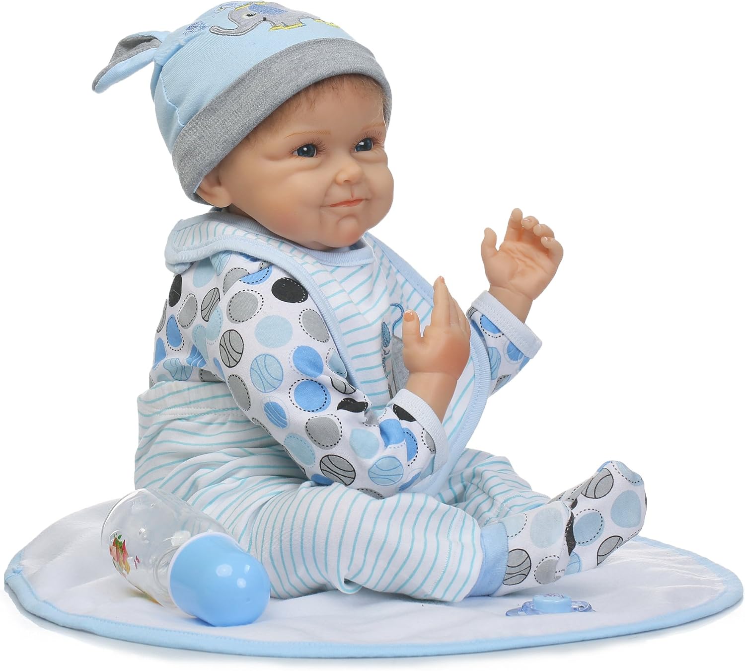 One-Day Sale: Up to 60% Off Realistic Reborn Baby Dolls Boy 22 Inch Vinyl Silicone Baby Doll Eyes Open Lifelike Handmade Newborn Baby Boy Real Life Wear Elephant Pattern Bib