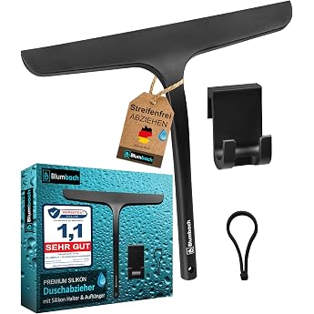 BLUMBACH Shower Squeegee Black with Holder 28 cm Wide, Window Squeegee Silicone Squeegee with Stainless Steel Core, Shower Sc