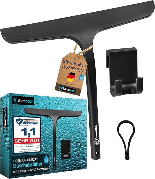 BLUMBACH® Duschabzieher schwarz, Abzieher Dusche mit Halterung 28 cm breit, Fensterabzieher Silikon Abzieher mit Edelstahl Kern, Duschwand Abzieher, Flitsche Dusche, Glasabzieher