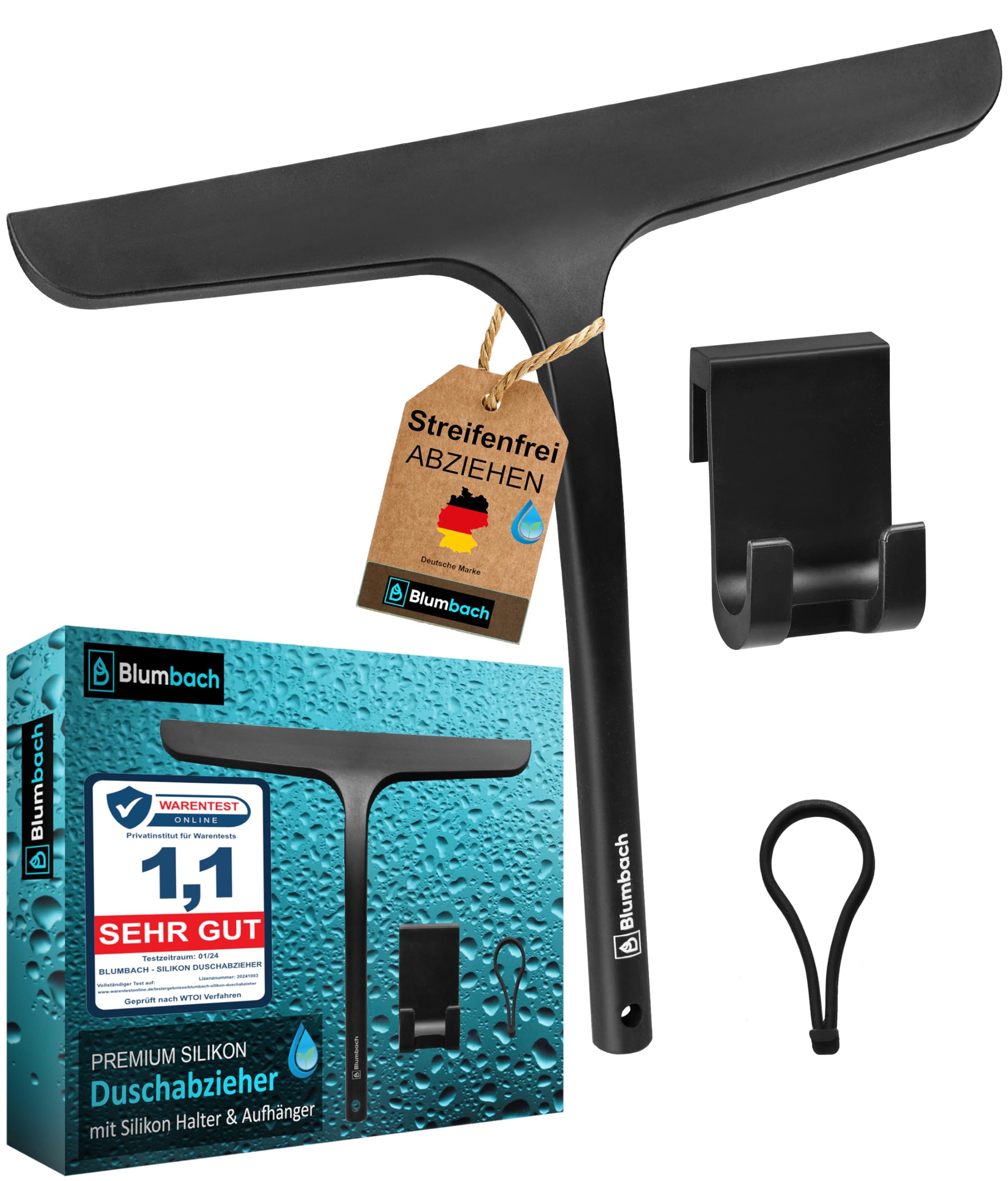 BLUMBACH® Duschabzieher schwarz, Abzieher Dusche mit Halterung 28 cm breit, Fensterabzieher Silikon Abzieher mit Edelstahl Kern, Duschwand Abzieher, Flitsche Dusche, Glasabzieher