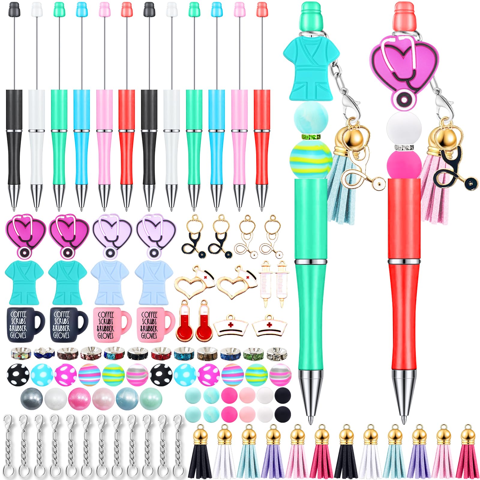 SytuHete 12 Pieces Beadable Pens Bulk with Colorful Silicone Beads for DIY Pen Making Kit Smooth Writing Beaded Pen for Women Kids Students Office