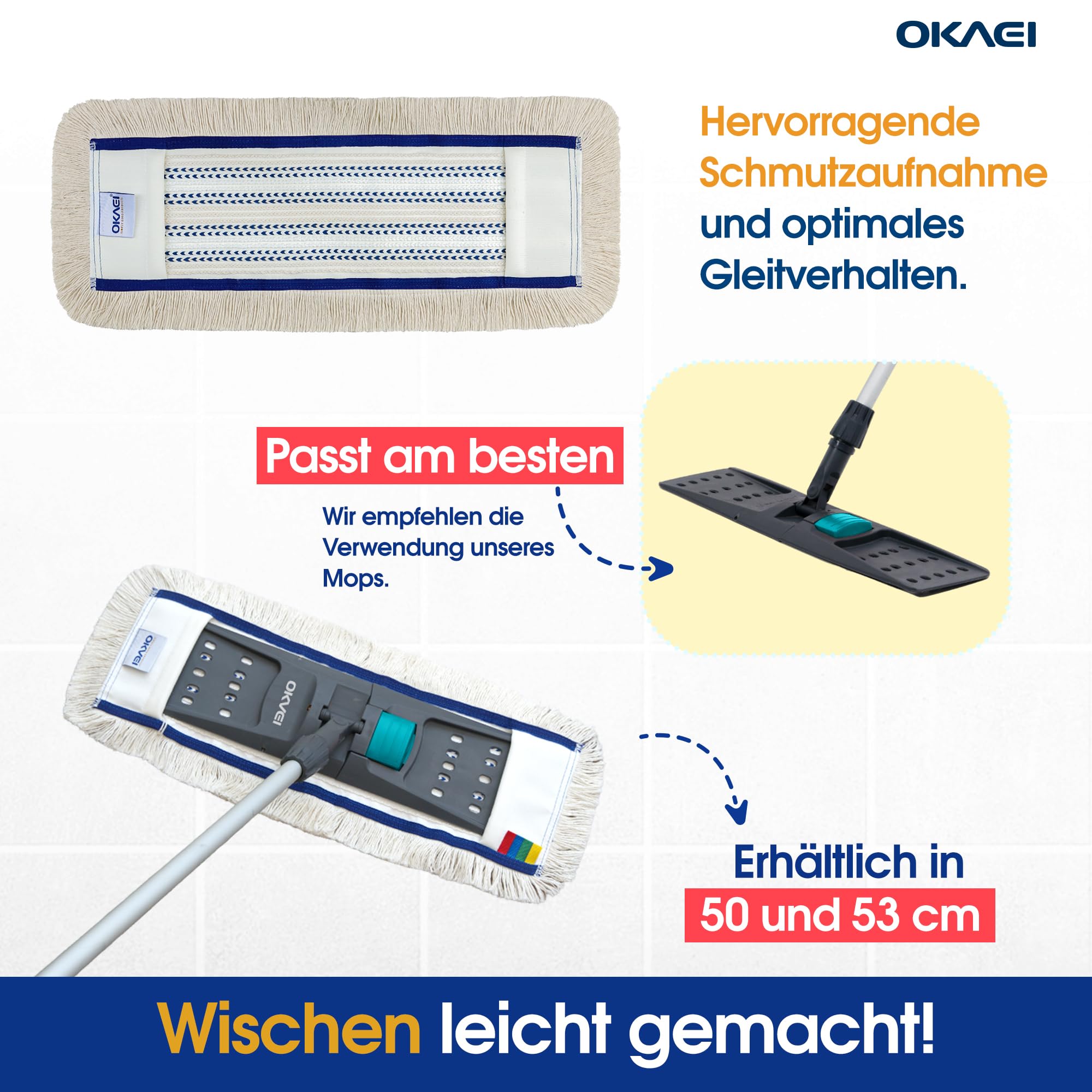 OKAEI Wischmopp Bezüge 50 cm Beige/Weiß/Blau, 10er Set – Mikrofaser-Baumwoll Wischbezug für Bodenwischer – Ersatzbezüge für Klapphalter – Profi-Vorrat mit hoher Schmutzaufnahme