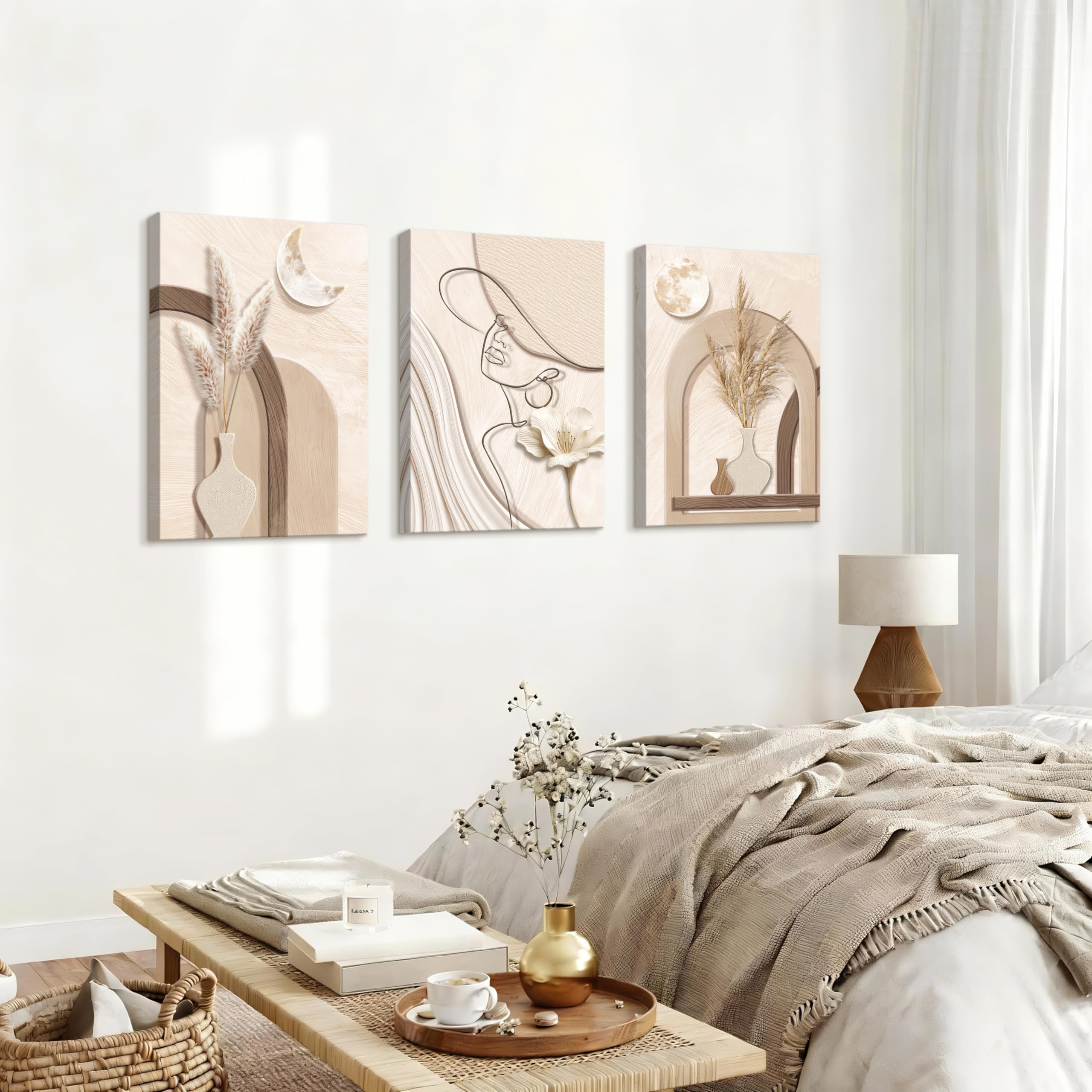 3 Pcs Abstrakt Tan Creme Geometrie Pflanzen Leinwand Bilder Mit Rahmen, Neutral Beige Schilf Bild Auf Leinwand Schlafzimmer Minimalistisch Frau Silhouette Wandbilder Wanddeko für Wohnzimmer 40X60cmX3