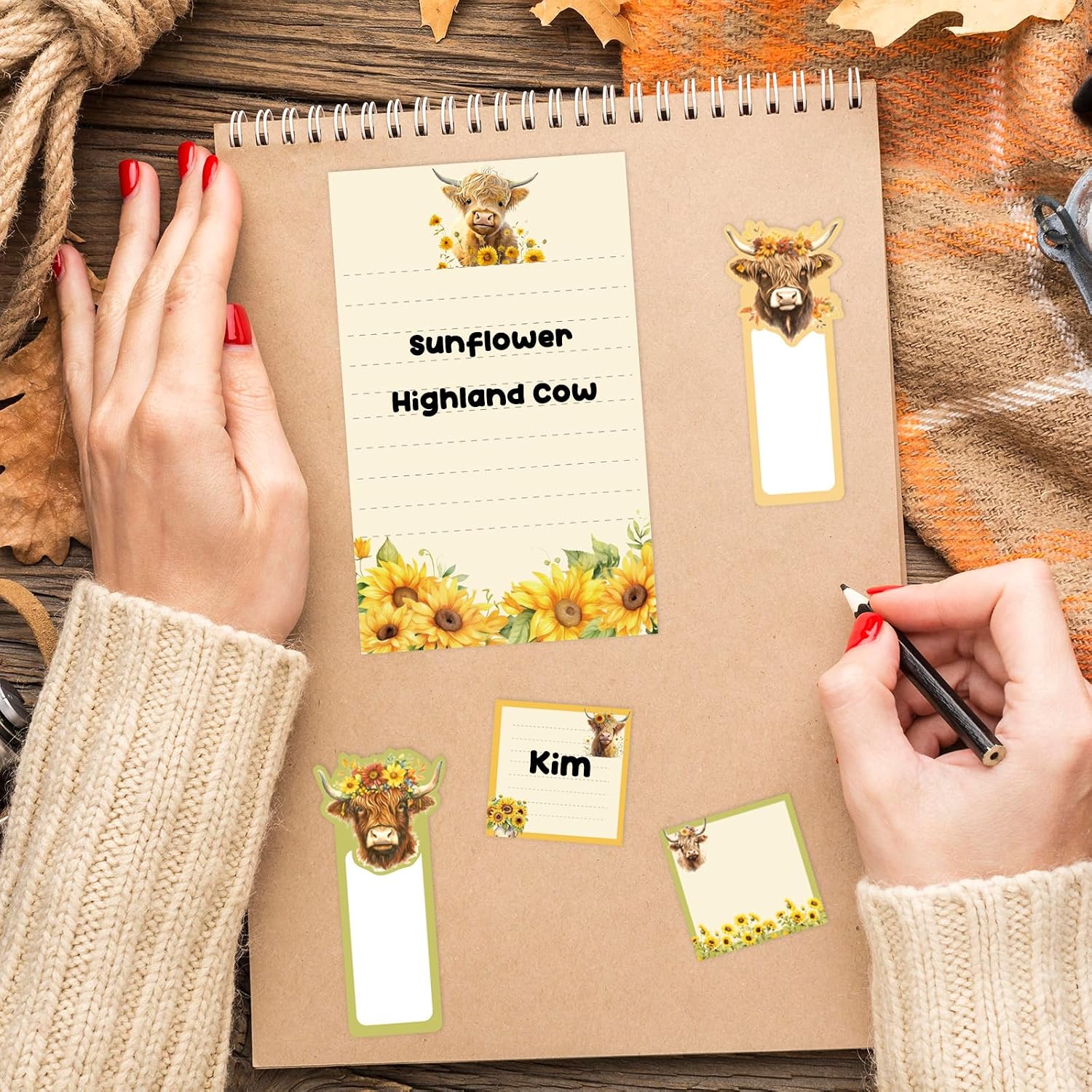 FYSUIMU Highland Cow Sticky Note Set Summer Watercolor Sunflower Farm Animal Notepad Rustic Reminder Memo Pad for Annotating Office Study Supplies, 8 Pads, 240 Sheets image 4