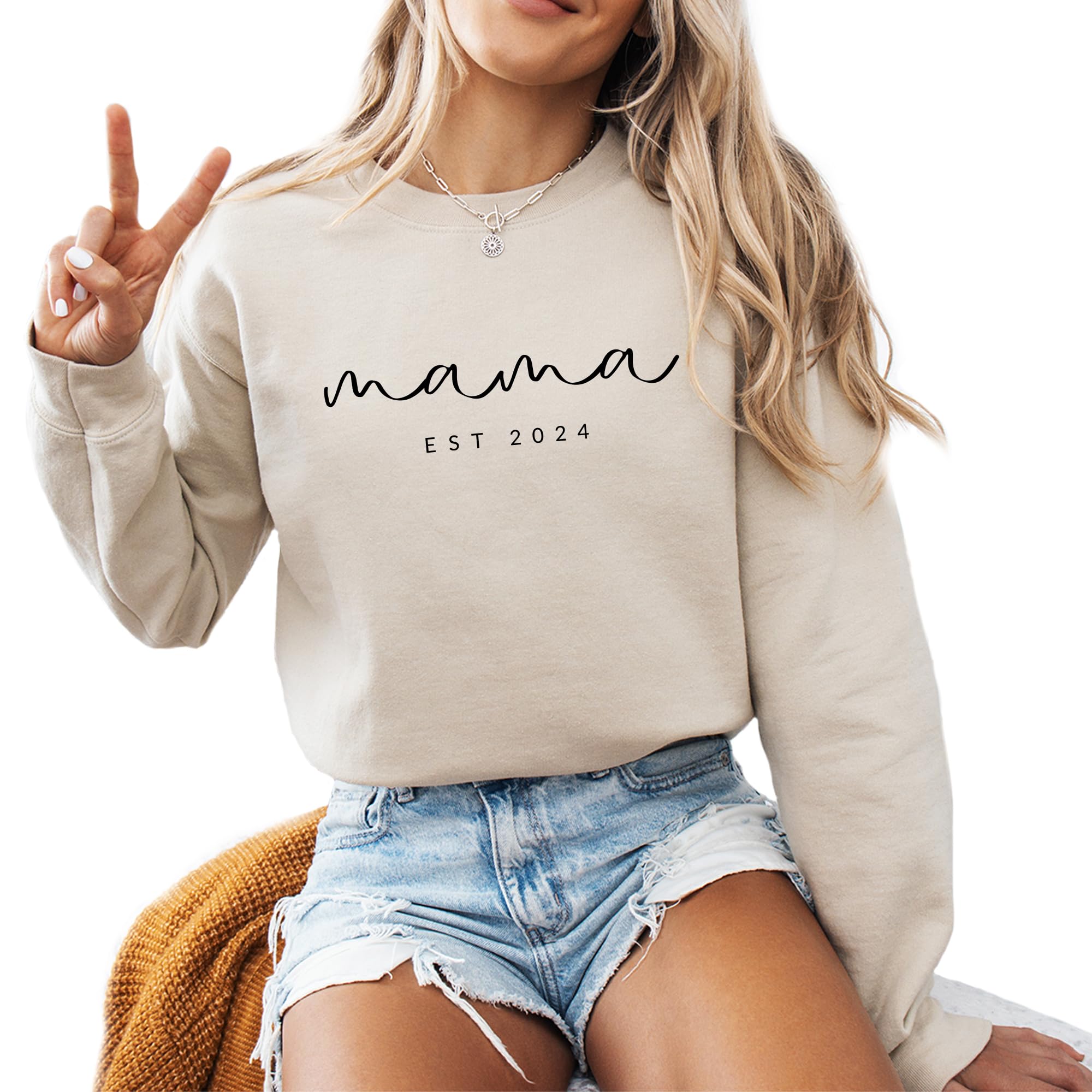 Women's Long Sleeve Mama Custom est Crewneck Sweatshirt Mama Letter Print Graphic Shirts Pullover Tops Sand