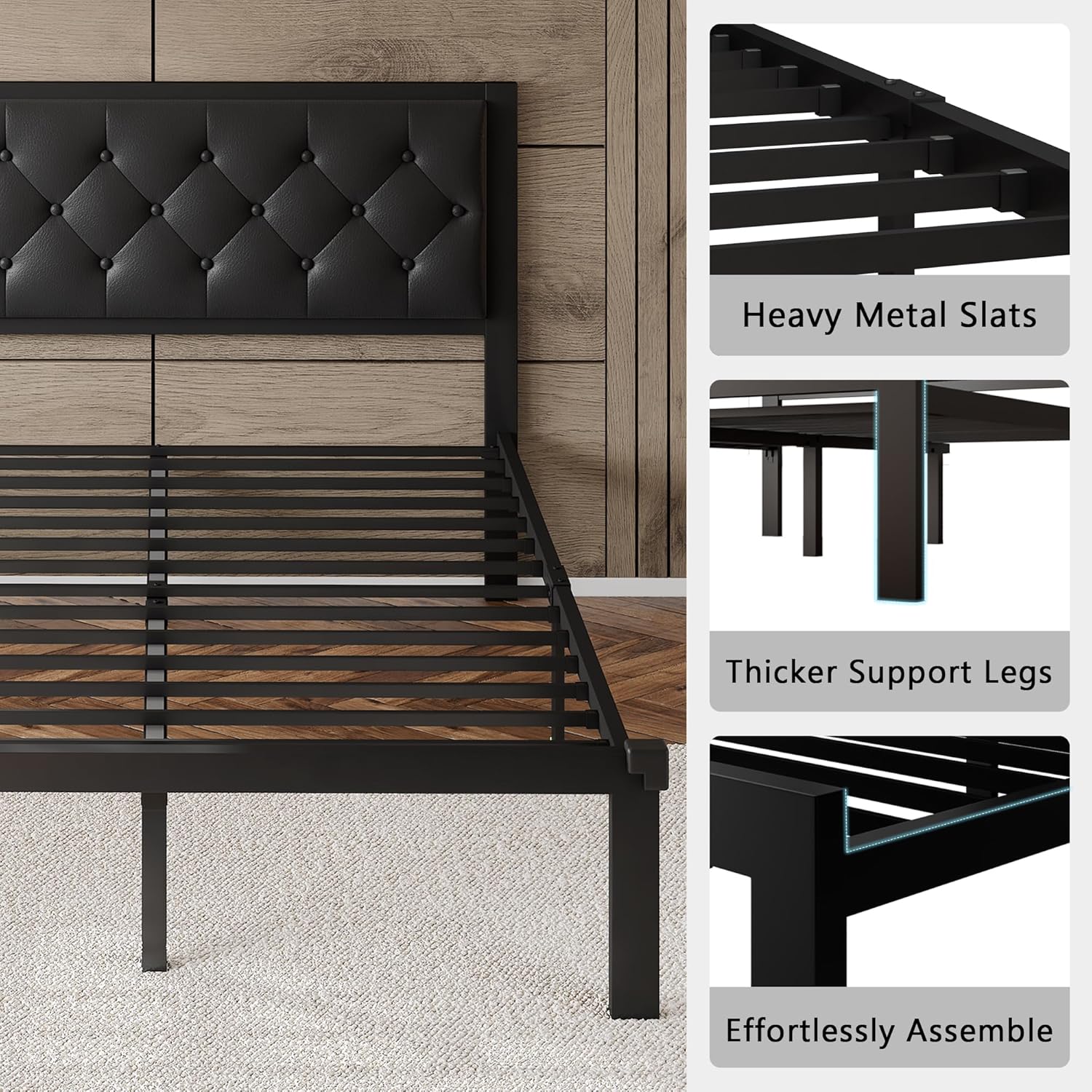 Queen Size Metal Bed Frame, Platform Bed Frame with Button Tufted Faux Leather Headboard, 12" Underbed Storage, Sturdy Steel Slats, Noise-Free, Easy Assembly, No Box Spring Needed, Black