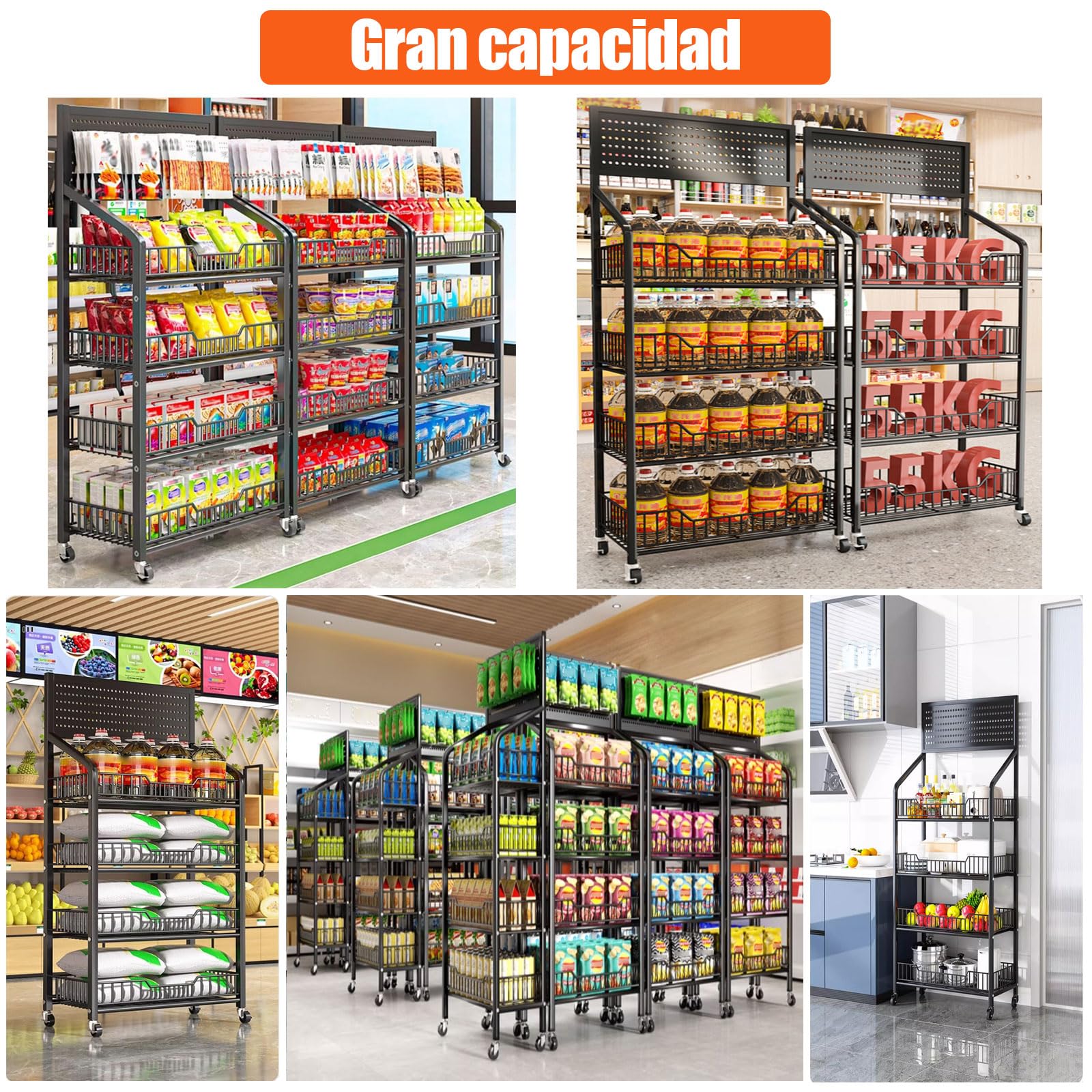 Expositor de 5 Niveles para supermercado, estanterías Independientes Negras con 12 Ganchos y 4 Ruedas, estantería metálica Grande para Tiendas