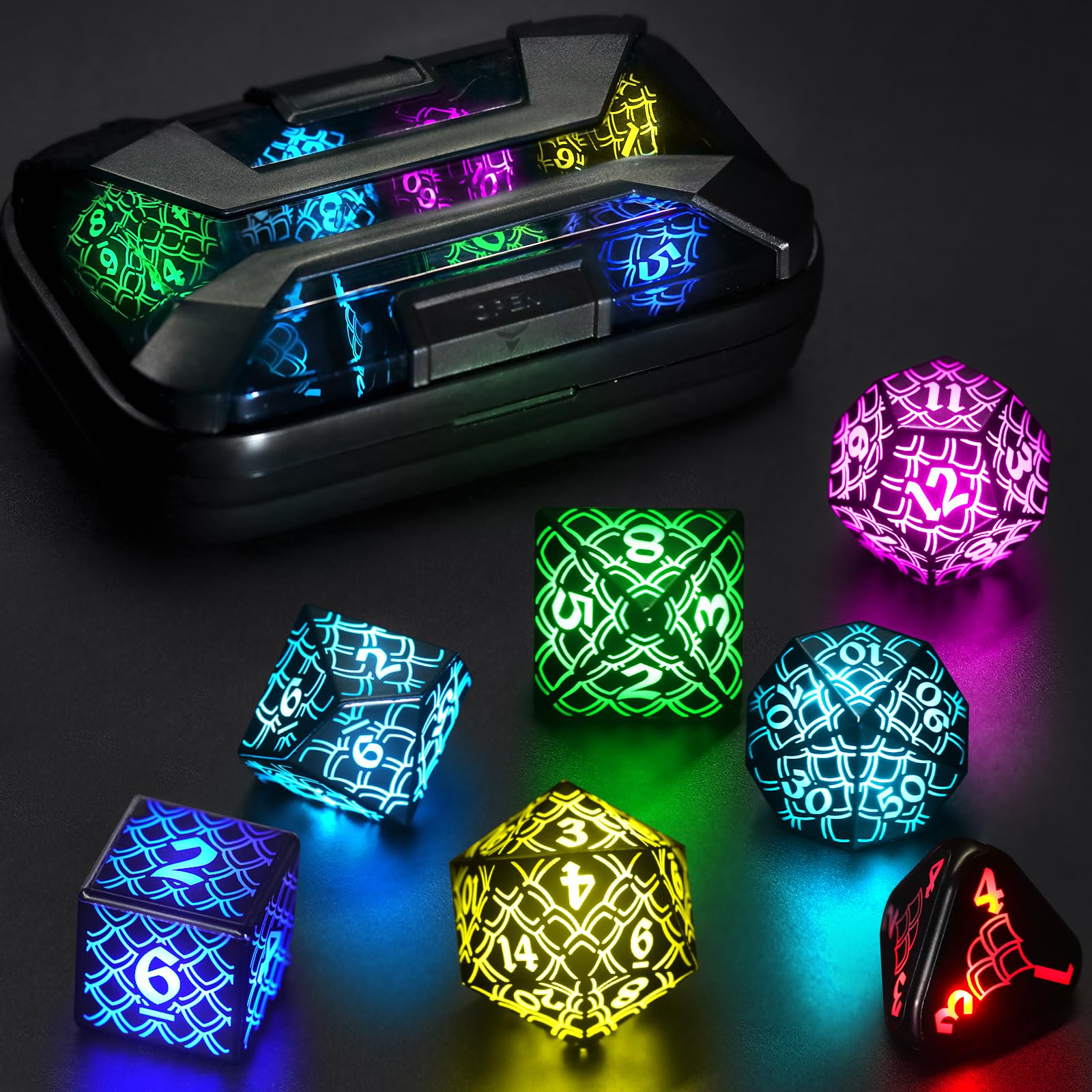 ZHOORQI DND Würfel Set Wiederaufladbar, LED Würfel Wireless Charging, RGB Light up Würfelset für Dungeons und Drachen Rollenspiel Würfel DND Dice Geschenke(RGB-Dragon Scale)