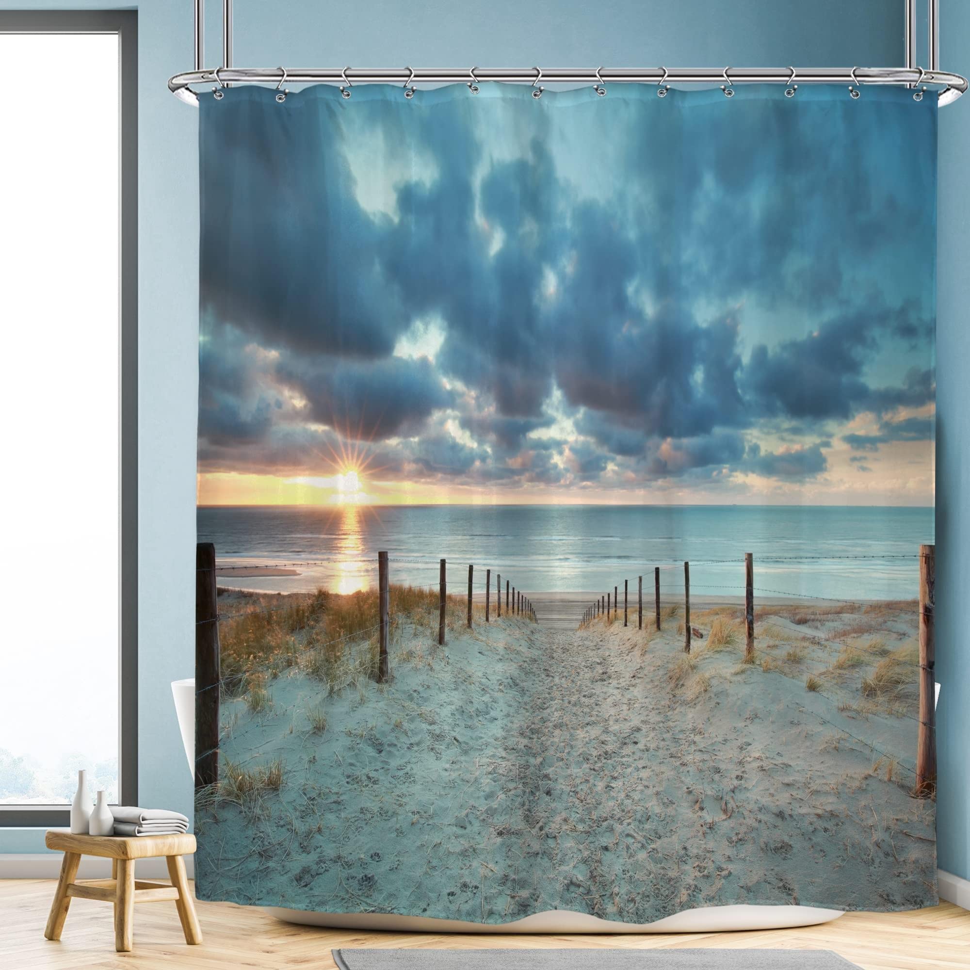 Duschvorhang Badewanne Strand-Duschvorhang, Tropische Palmen am Meer, Duschvorhang, Sonnenuntergang, Ozeanwellen, Badezimmervorhang mit Haken 200x230cm/BxH
