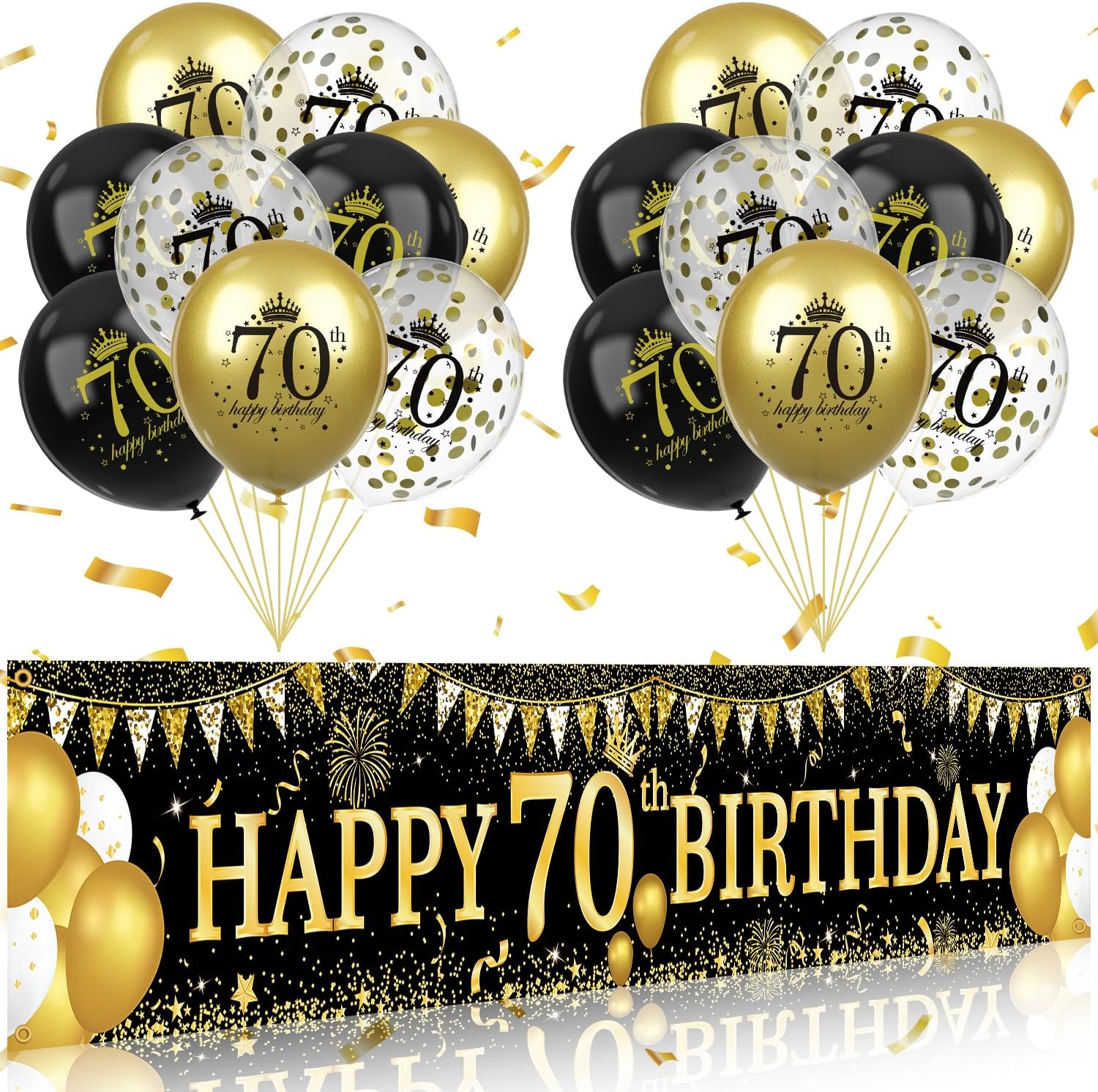 70th Birthday Decorations - Black Gold 70th Birthday Banner & Balloons ...
