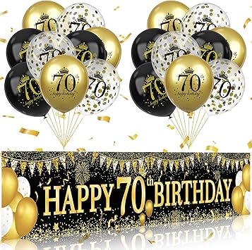 70th Birthday Decorations - Black Gold 70th Birthday Banner & Balloons for Indoor/Outdoor Parties