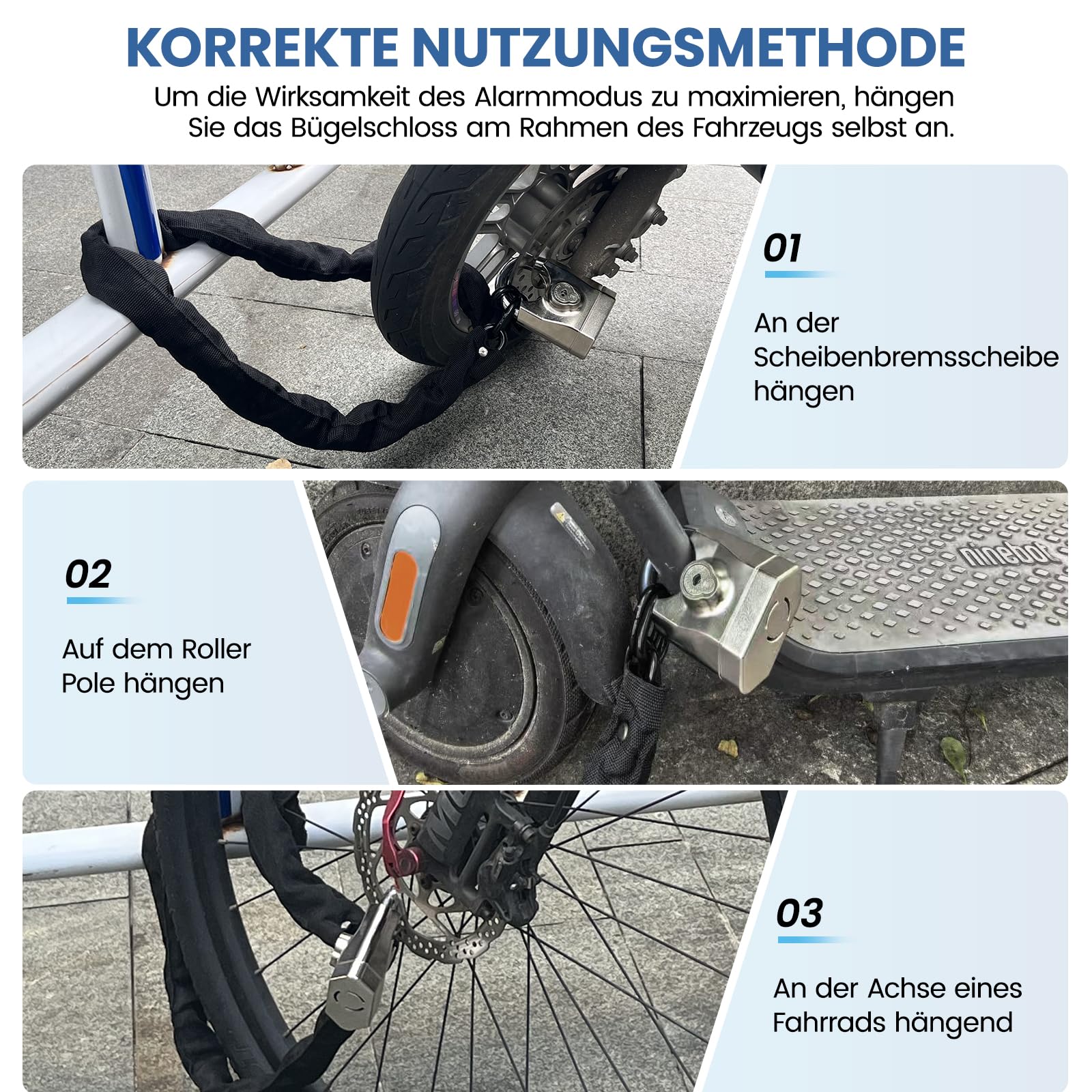 Candado para bicicleta con alarma de 130 db, sistema de alarma para bicicleta, 100 cm x 12 mm, con mini candado antirrobo, con 3 llaves para scooter, moto, bicicleta eléctrica