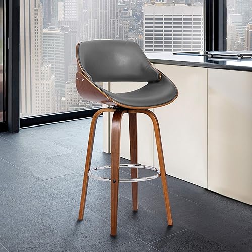 Miniatura 96 de Armen Living Jayden - Taburete de bar moderno giratorio de piel sintética gris y madera de nogal de 26 pulgadas para encimera de isla de cocina