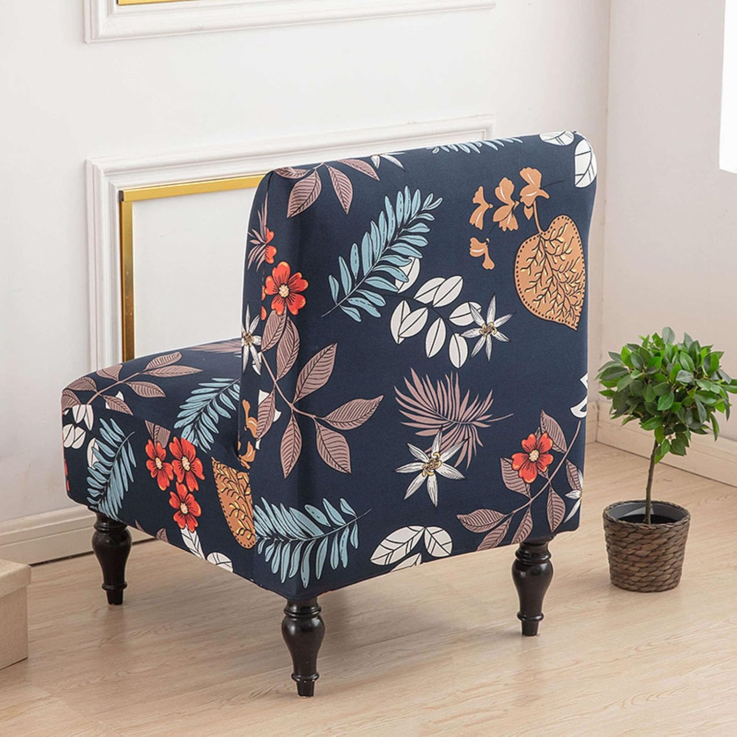 Stretch Armless Accent Chair Covers, Spandex Armless Accent Chair Slipcovers Printed Soft Armless Chair Slipcovers with Elastic Bottom Non Slip Armchair Covers for Living Room-T-2 Pcs