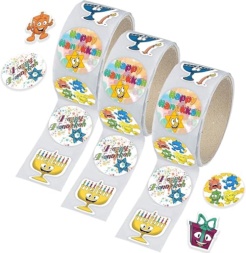Rollo de calcomanías de Hanukkah, menorá de Janucá con vela, caja de regalo, Dreidel, rollo de calcomanías Happy Hanukkah, 143 unidades (paquete de Rollo de calcomanías de Hanukkah, menorá de Janucá con vela, caja de regalo, Dreidel, rollo de calcomanías Happy Hanukkah, 143 unidades (paquete de